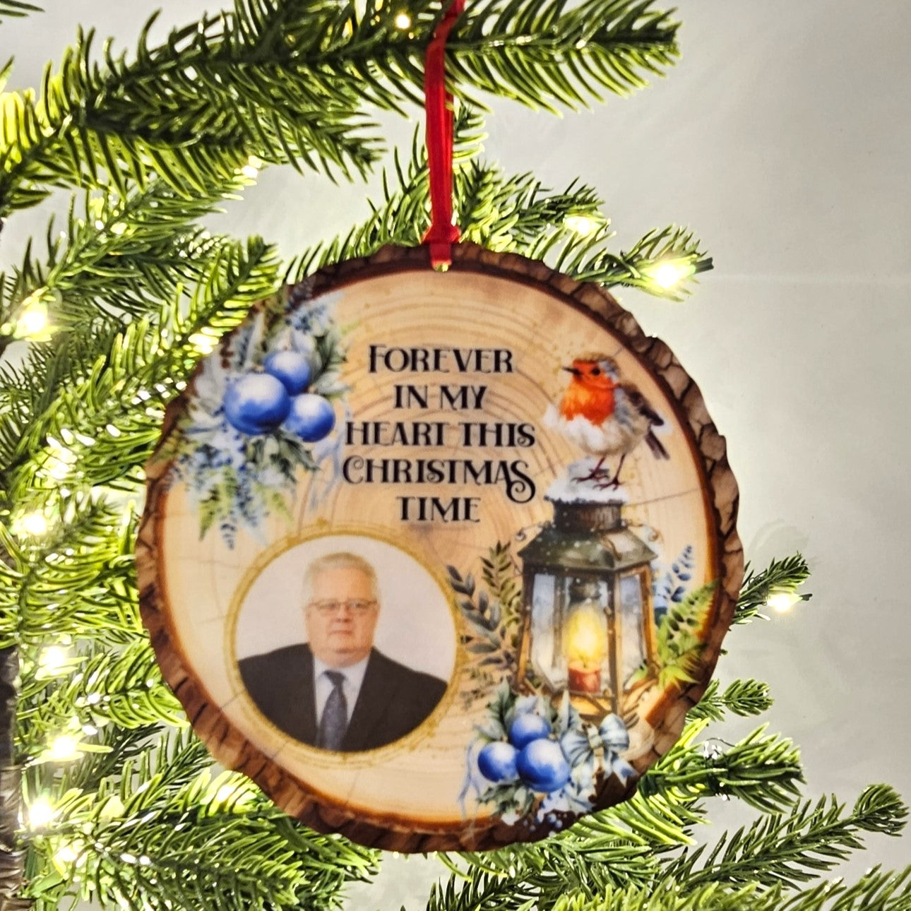 Personalised Photo Memorial Christmas Log Slice Hanging Decoration