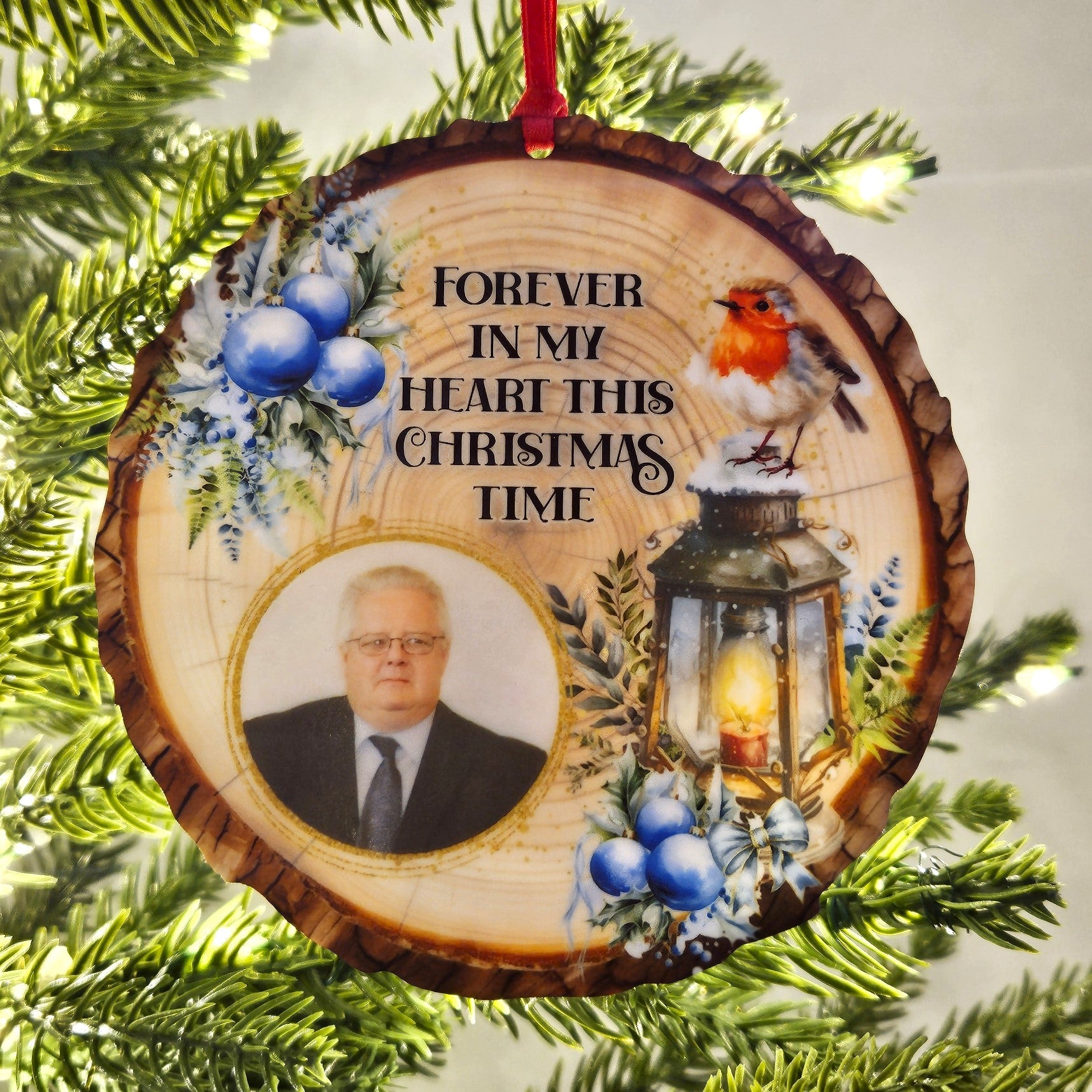 Personalised Photo Memorial Christmas Log Slice Hanging Decoration