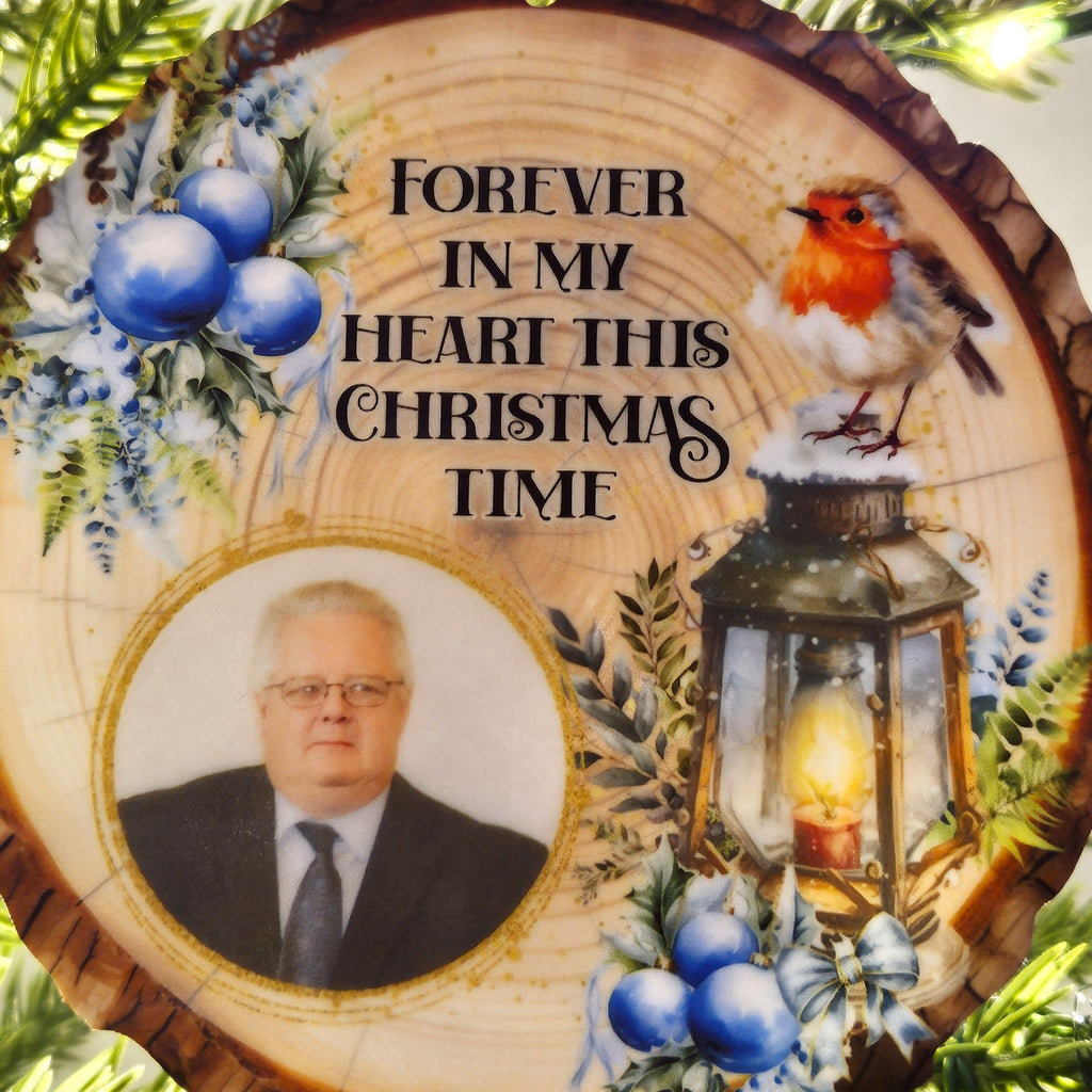 Personalised Photo Memorial Christmas Log Slice Hanging Decoration