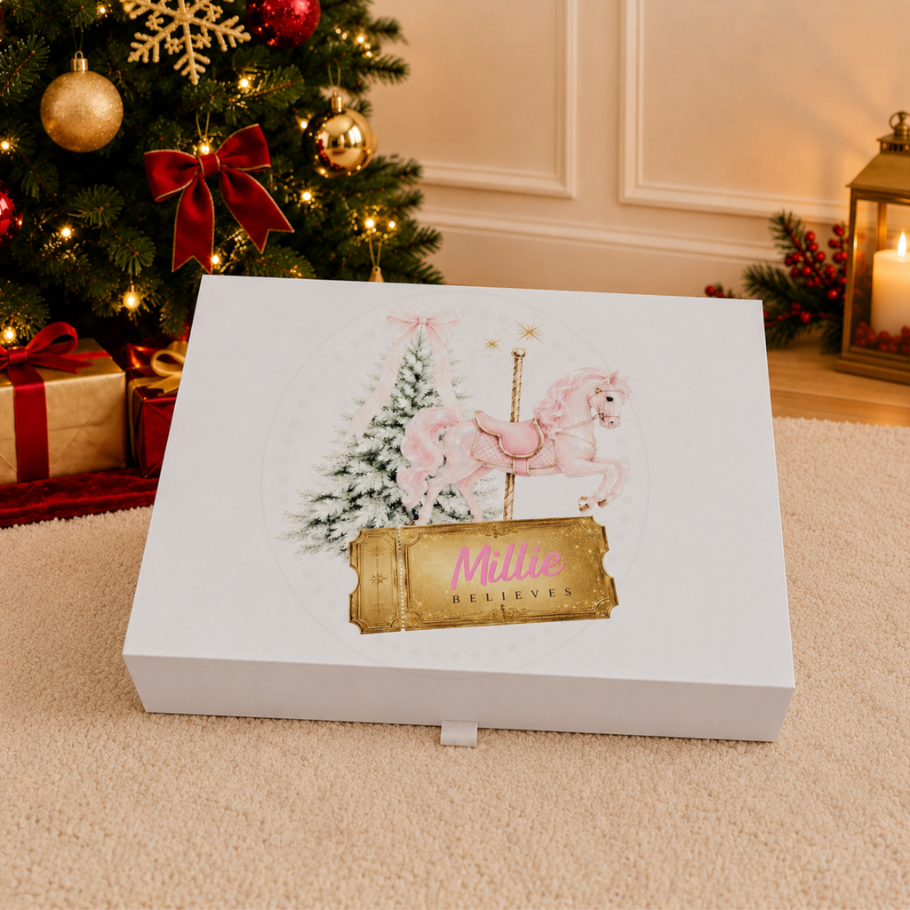 Personalised Pink Pony Christmas Carousel Horse Christmas Eve Box | Festive Keepsake Gift