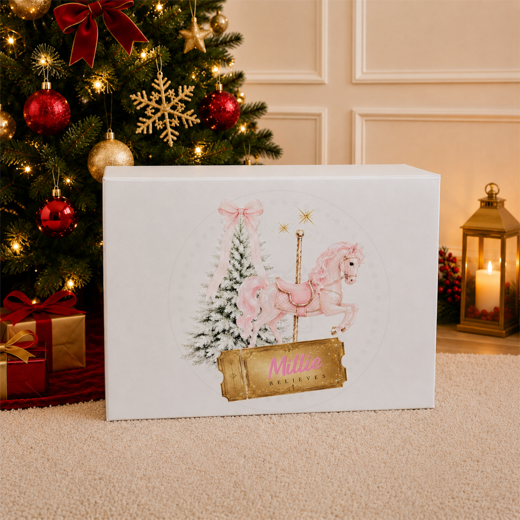 Personalised Pink Pony Christmas Carousel Horse Christmas Eve Box | Festive Keepsake Gift