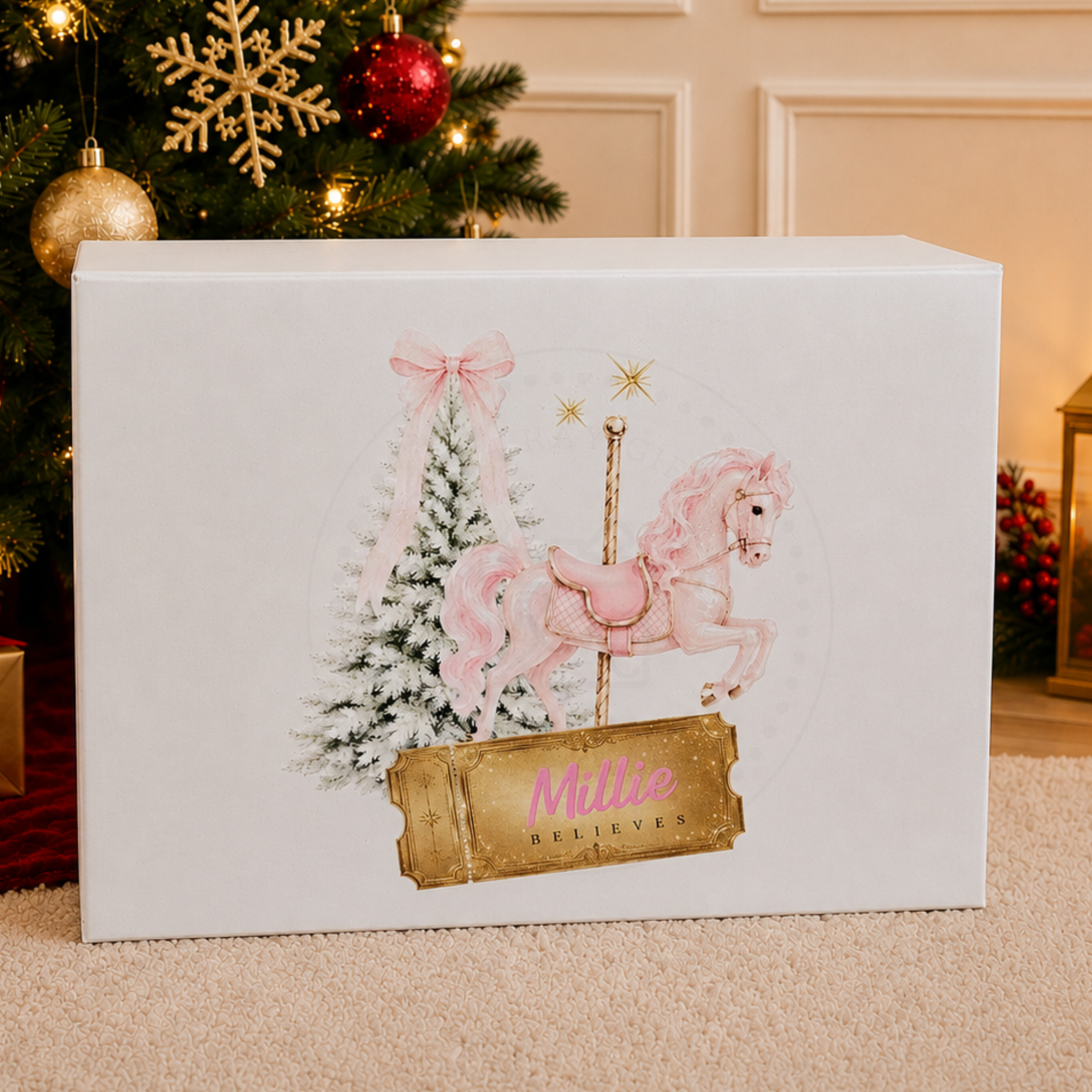 Personalised Pink Pony Christmas Carousel Horse Christmas Eve Box | Festive Keepsake Gift