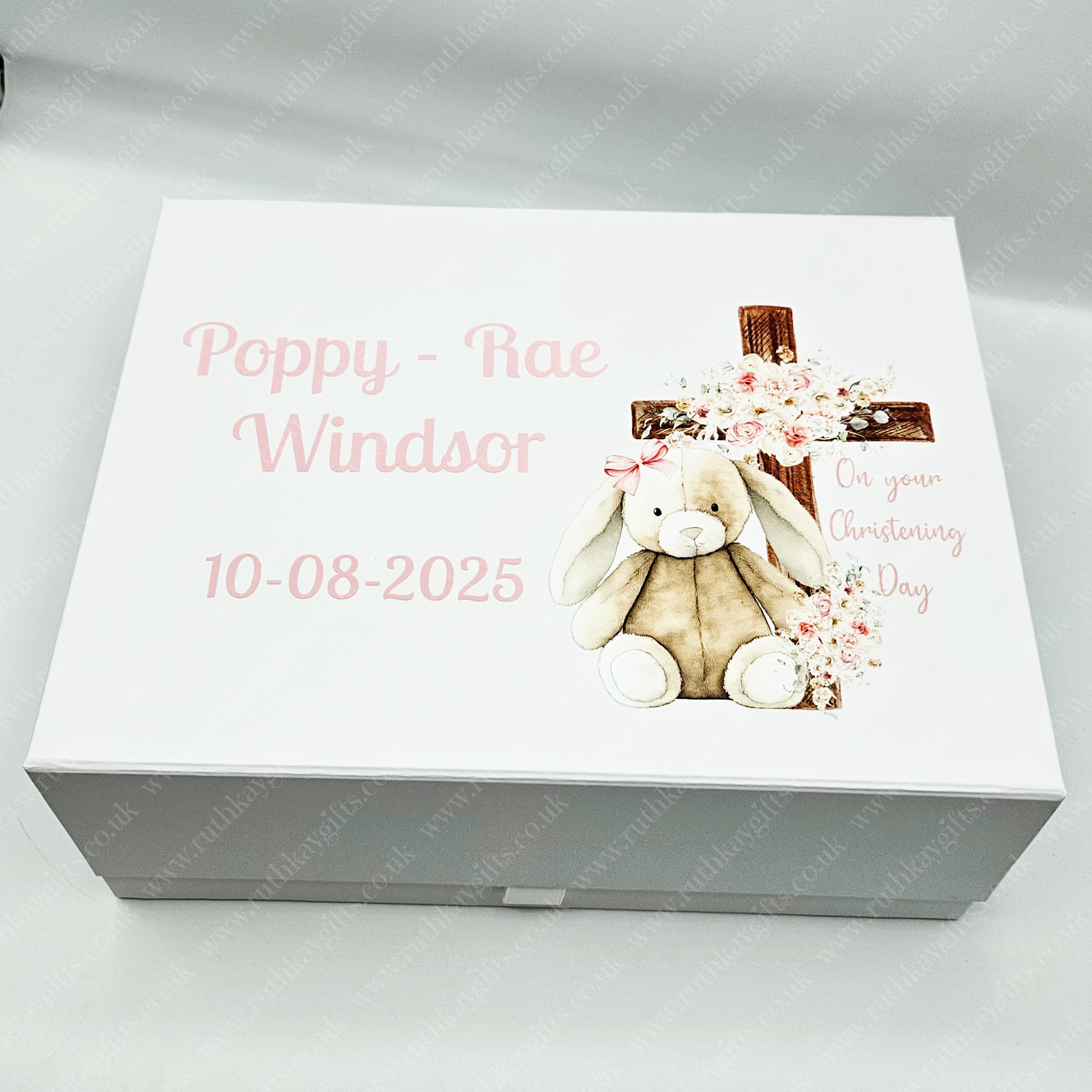 Personalised Christening Keepsake Box: Bunny Design, Magnetic Closure