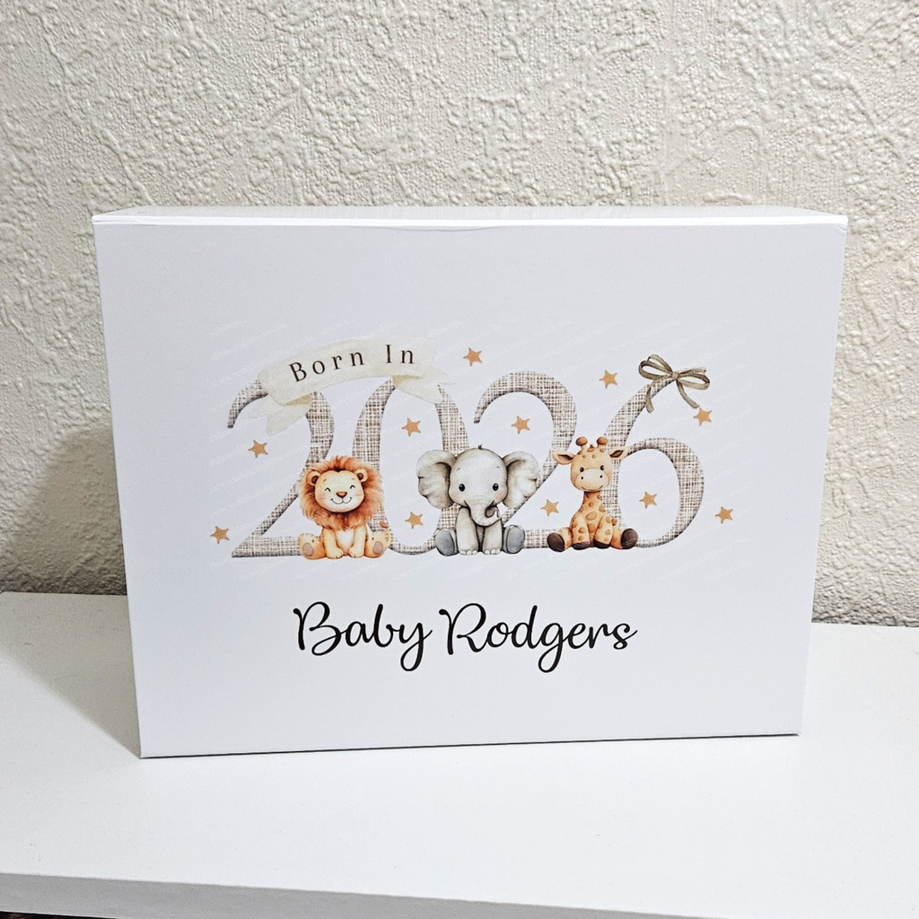 Personalised Born in 2026 Safari Animal Magnetic Keepsake Gift Box
