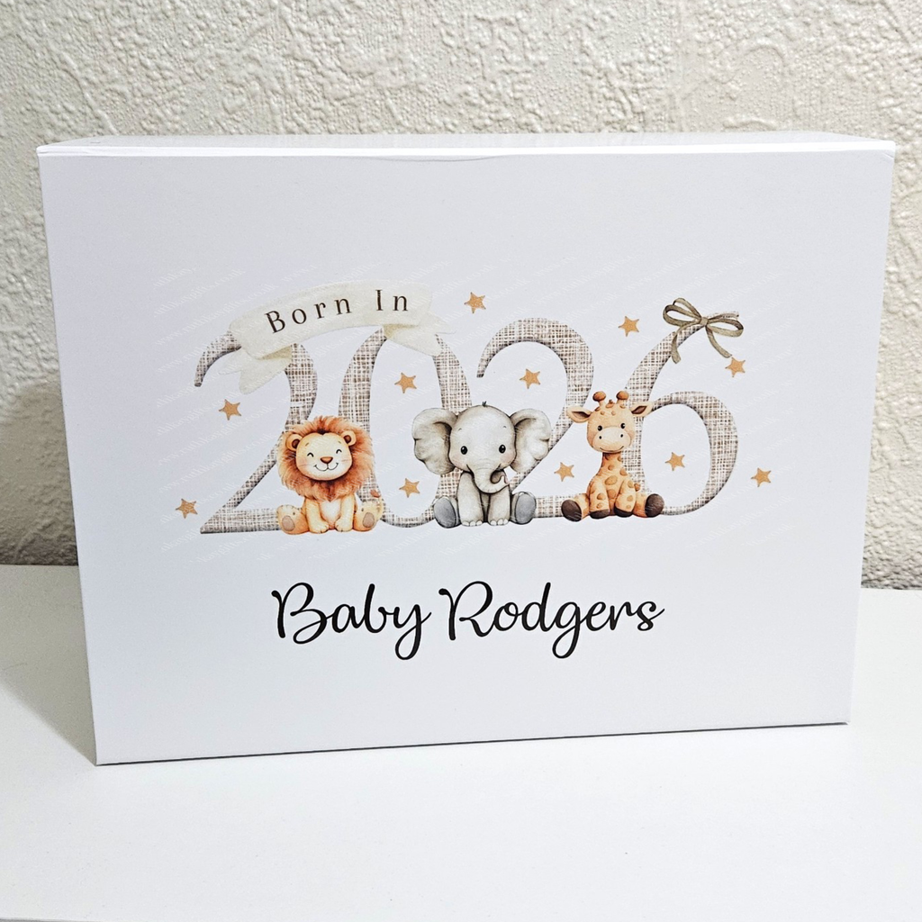 Personalised Born in 2026 Safari Animal Magnetic Keepsake Gift Box
