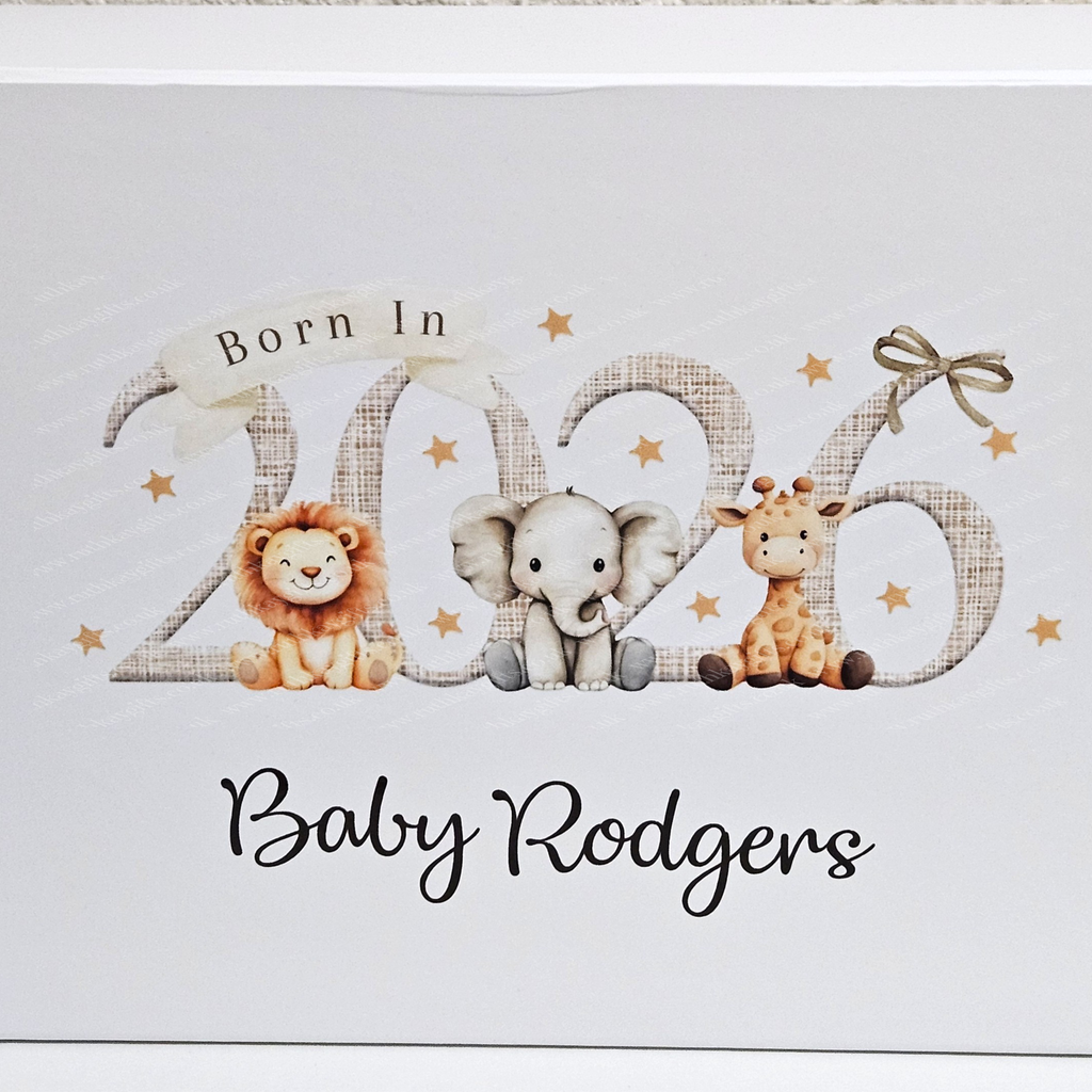 Personalised Born in 2026 Safari Animal Magnetic Keepsake Gift Box