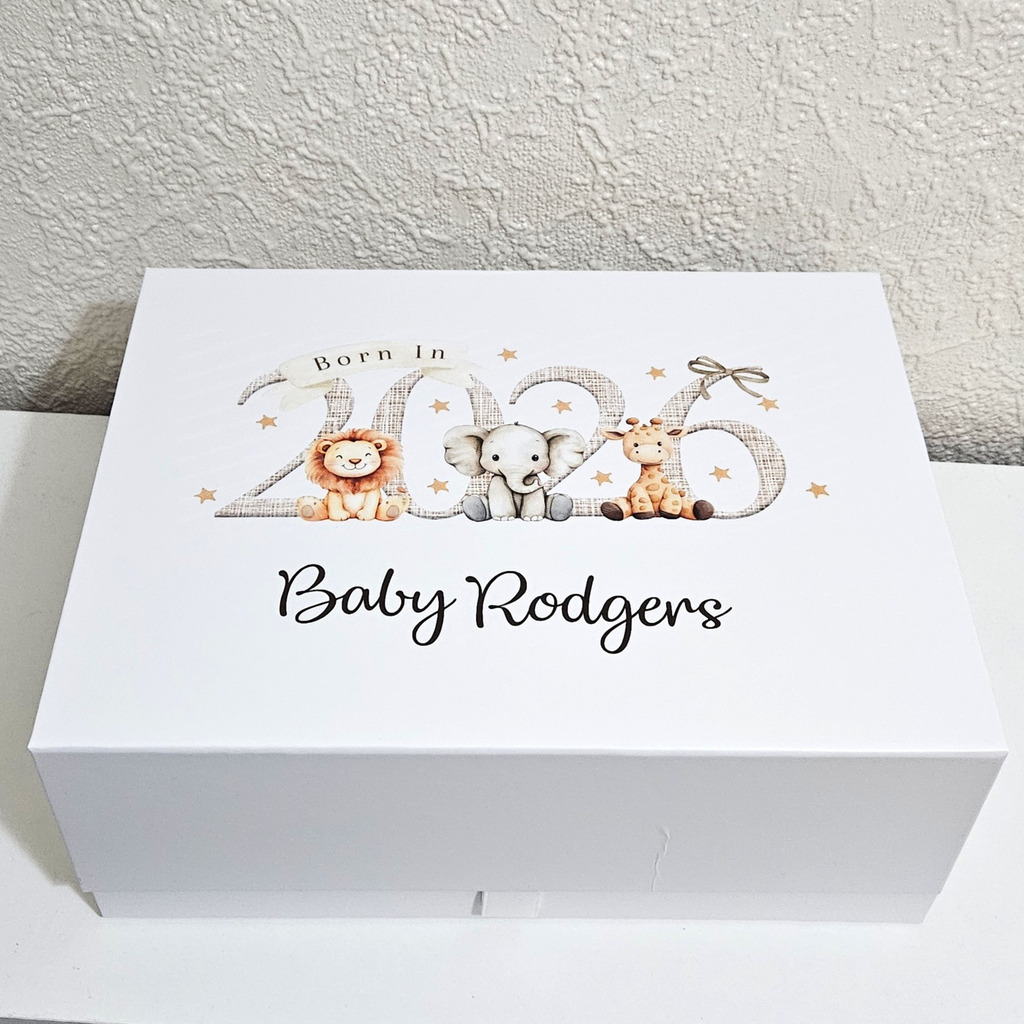 Personalised Born in 2026 Safari Animal Magnetic Keepsake Gift Box