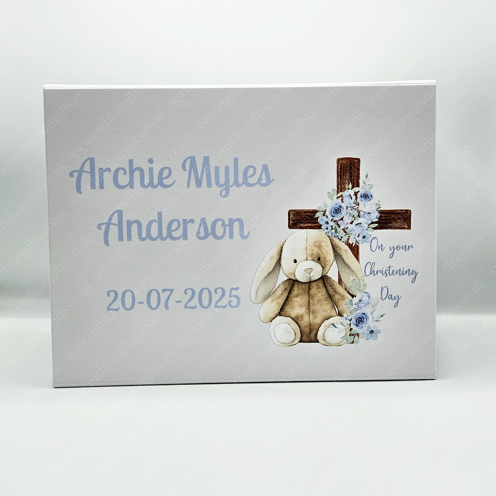 Personalised Christening Keepsake Box: Blue Bunny Design Magnetic Closure