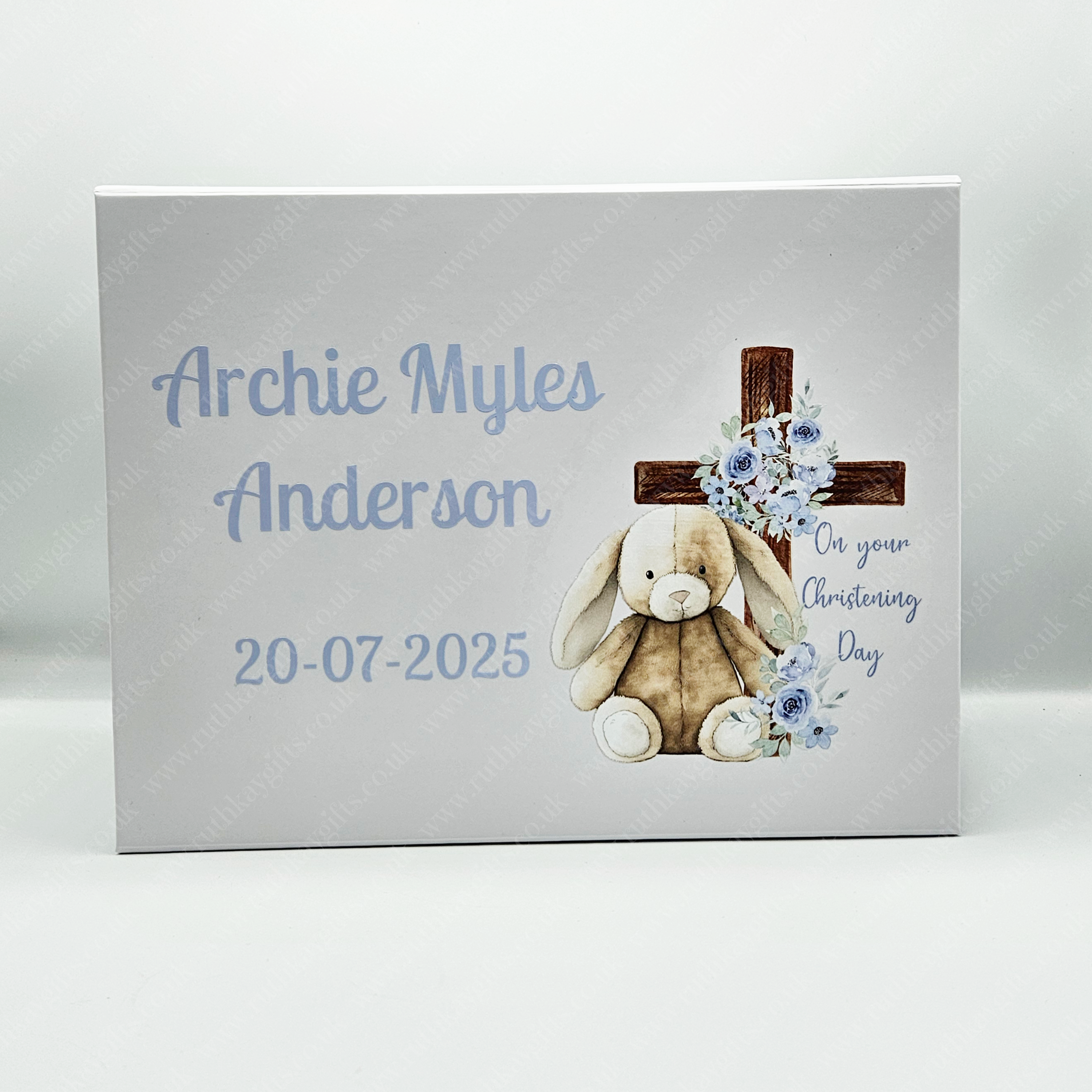 Personalised Christening Keepsake Box: Blue Bunny Design Magnetic Closure