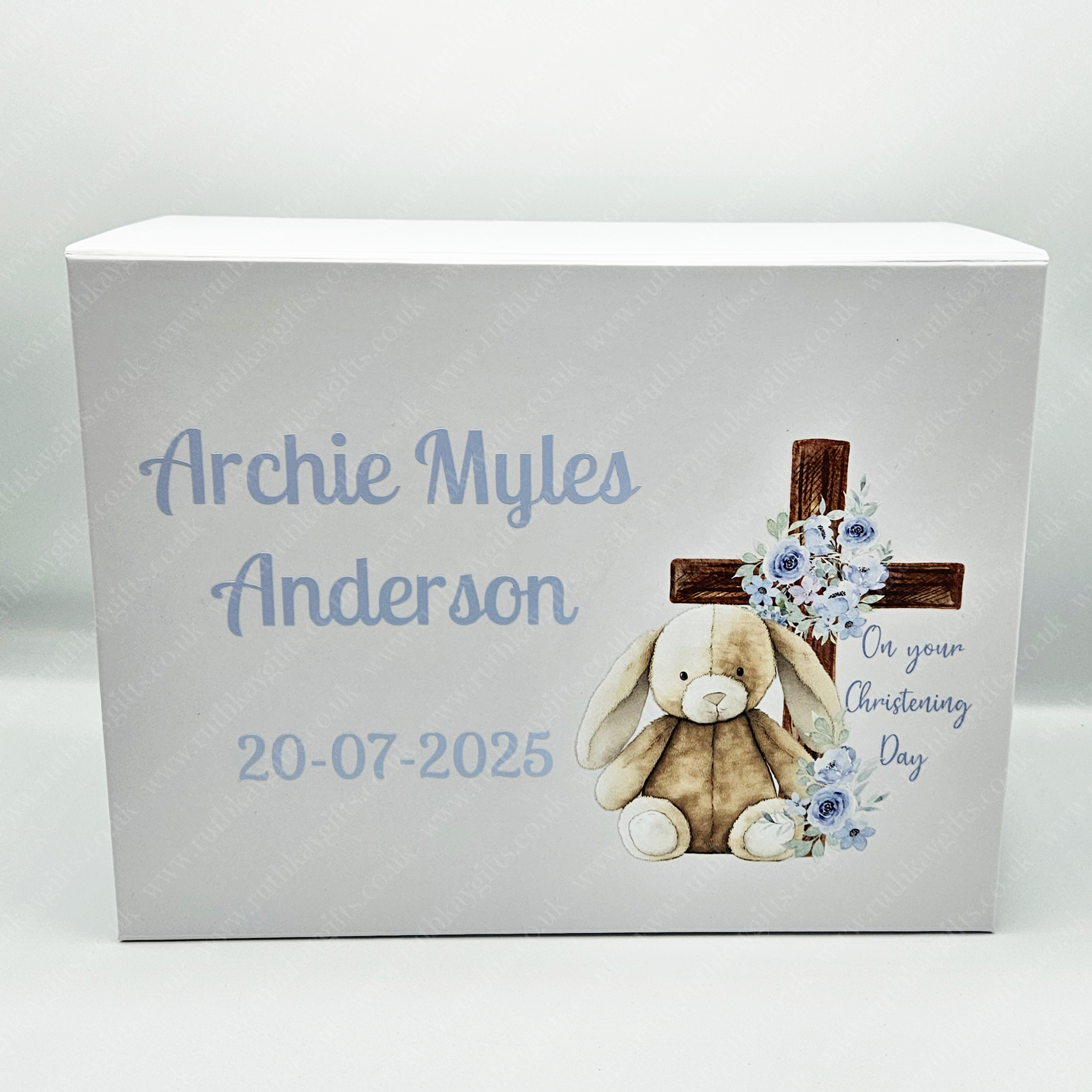 Personalised Christening Keepsake Box: Blue Bunny Design Magnetic Closure