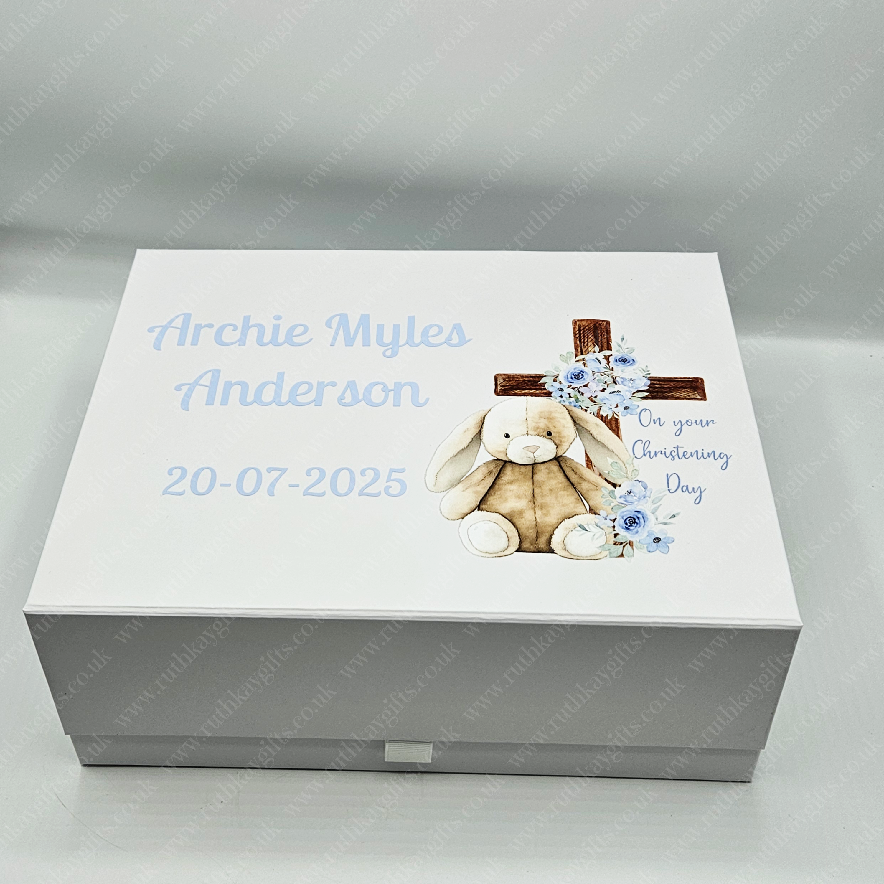 Personalised Christening Keepsake Box: Blue Bunny Design Magnetic Closure