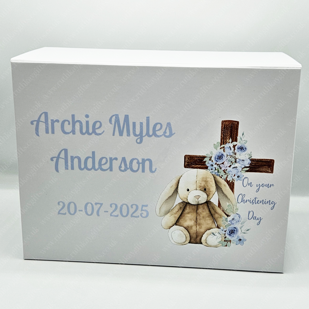 Personalised Christening Keepsake Box: Blue Bunny Design Magnetic Closure
