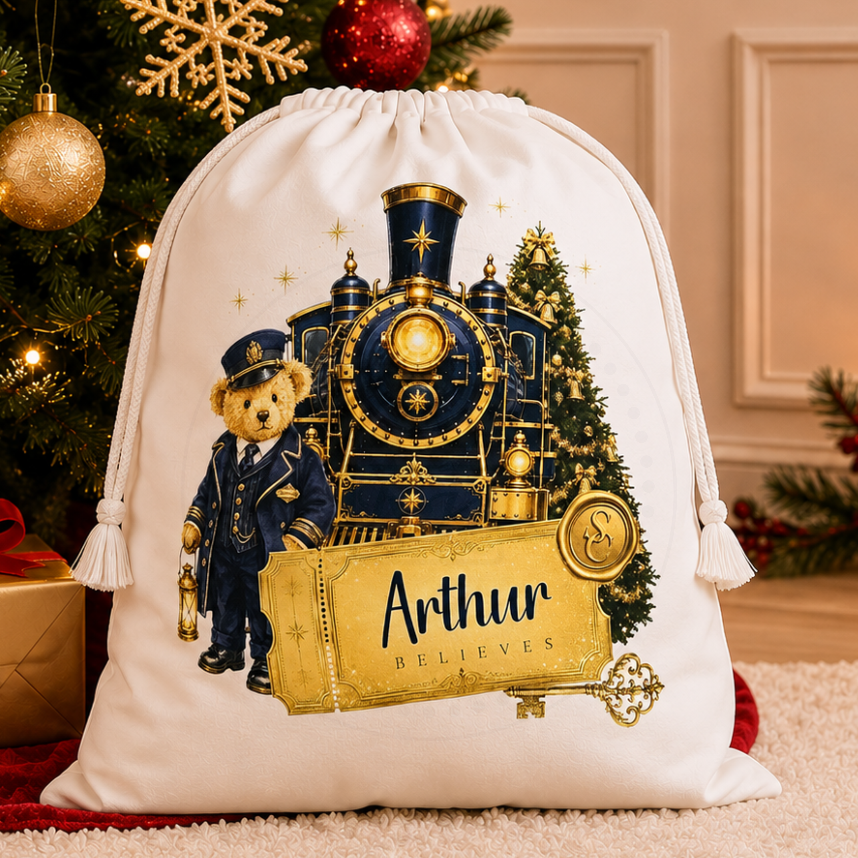 Personalised Christmas Sack | Festive Train Conductor Teddy  | Christmas Eve Bag