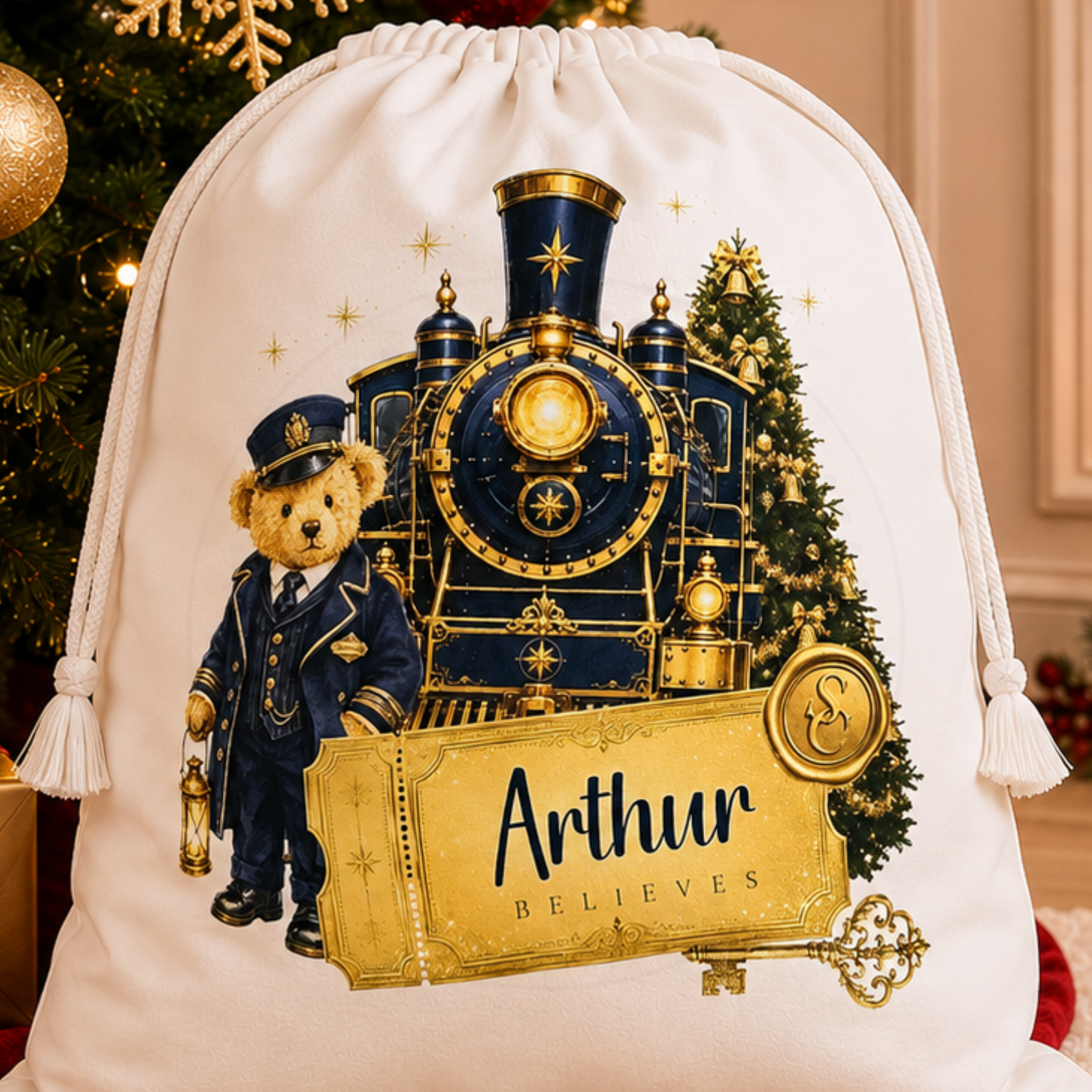 Personalised Christmas Sack | Festive Train Conductor Teddy  | Christmas Eve Bag
