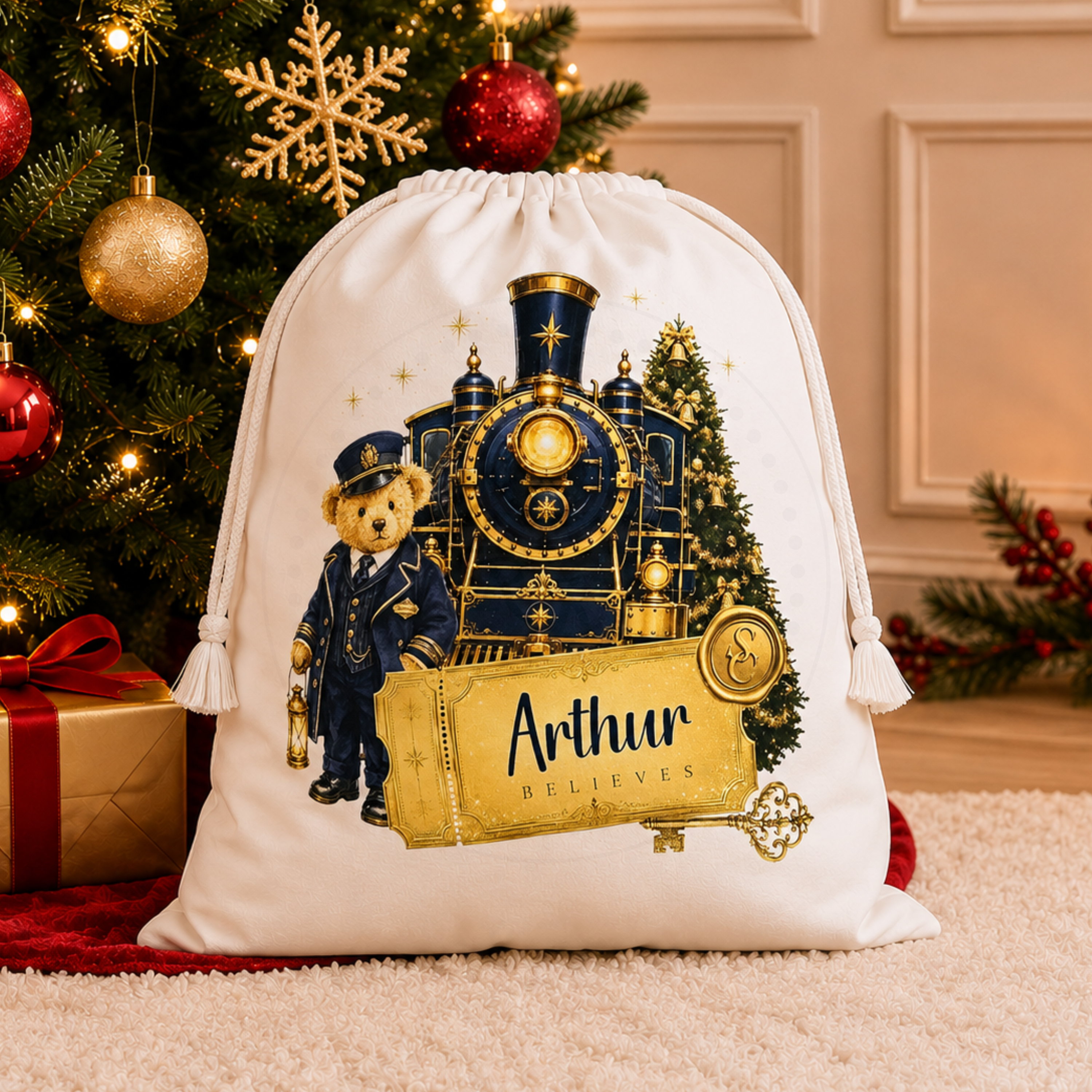 Personalised Christmas Sack | Festive Train Conductor Teddy  | Christmas Eve Bag