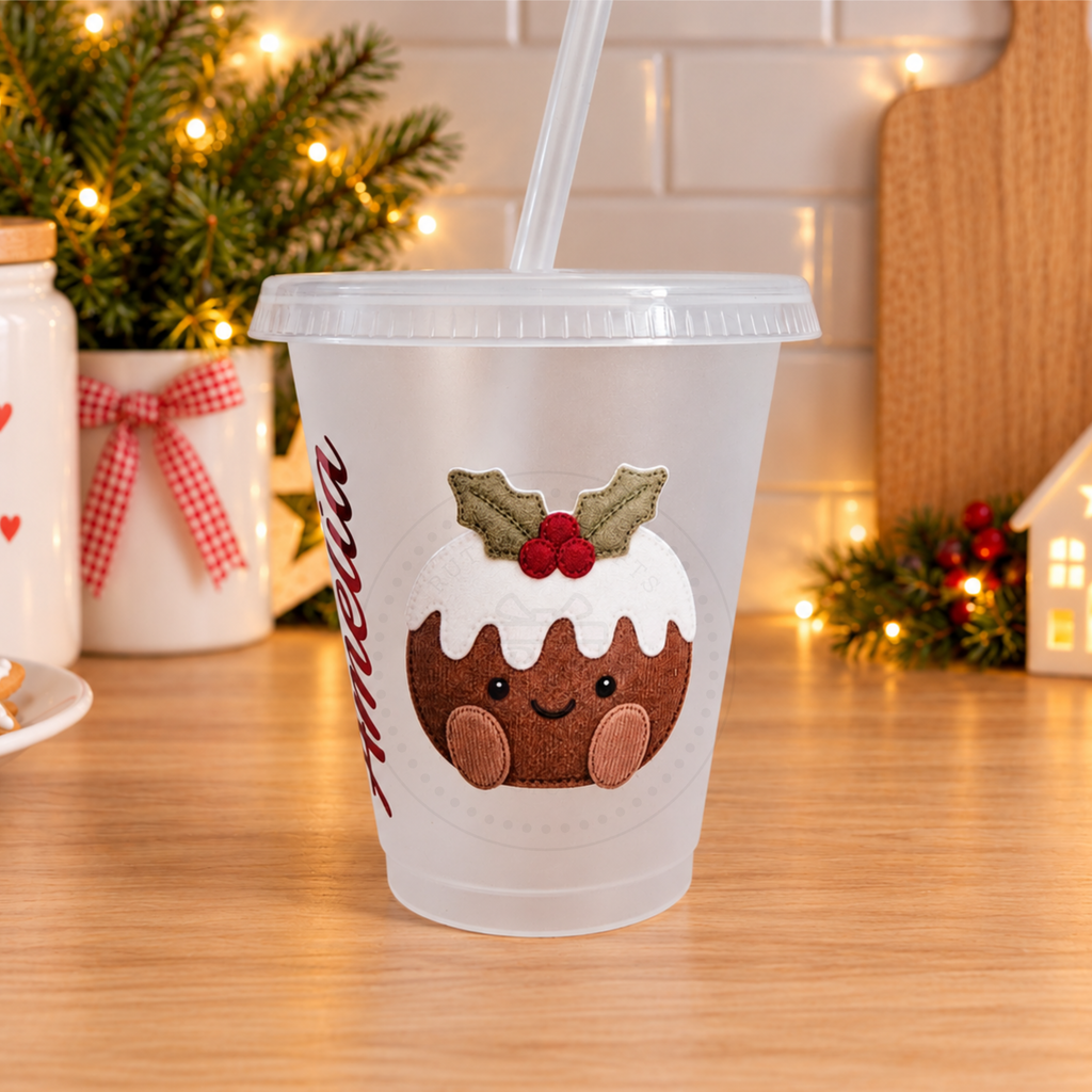 Personalised Appliqué-Style Christmas Pudding Cup and Straw