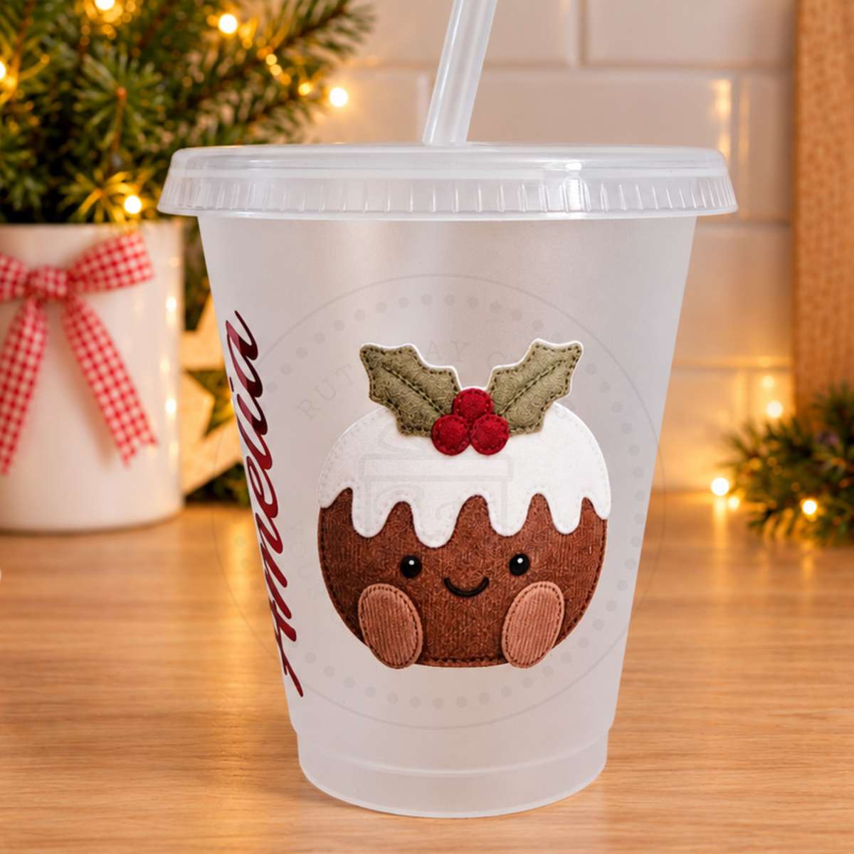 Personalised Appliqué-Style Christmas Pudding Cup and Straw