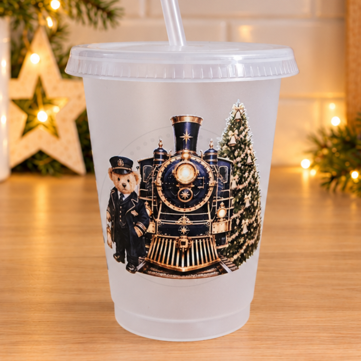 Personalised Christmas Train Conductor Teddy Cup and Straw