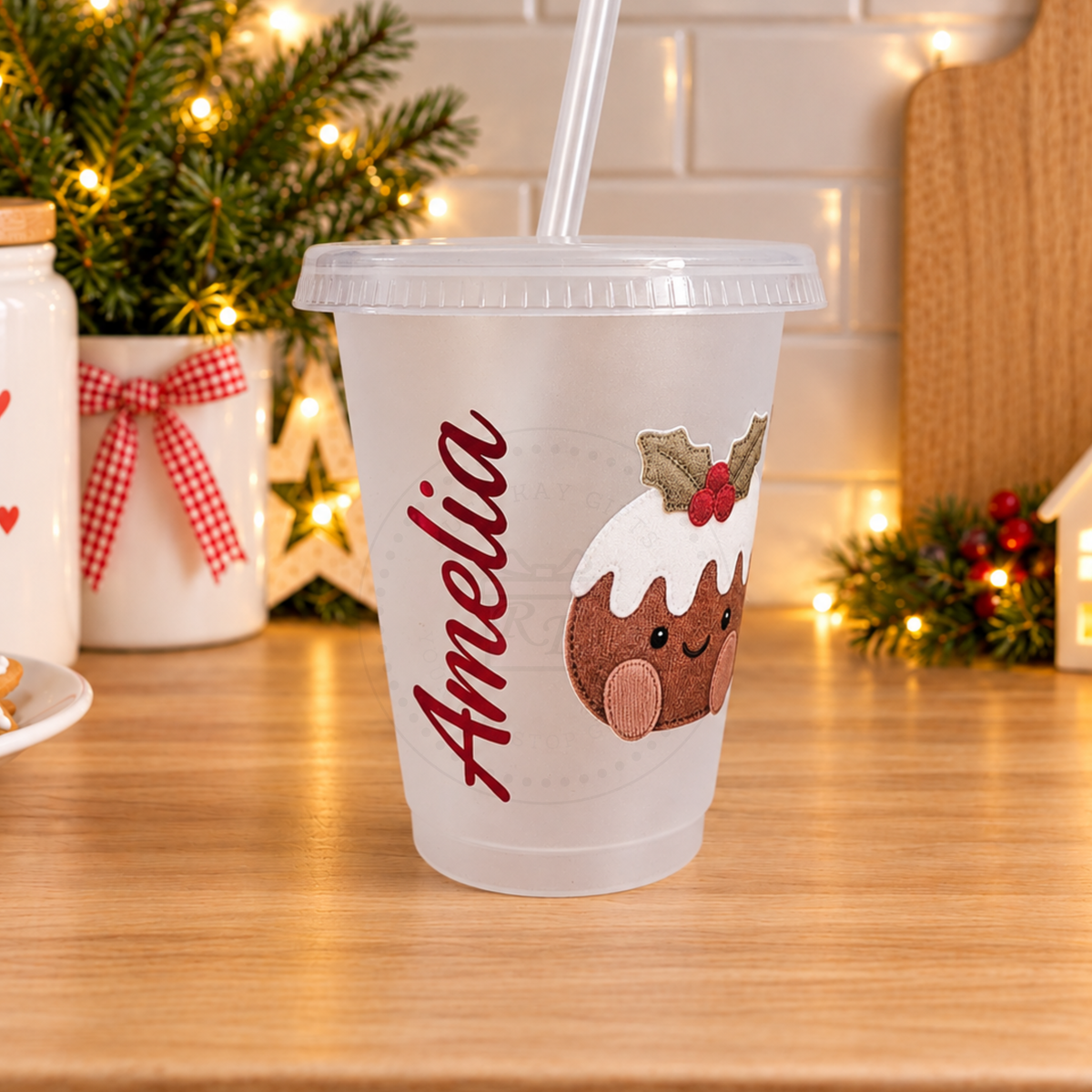 Personalised Appliqué-Style Christmas Pudding Cup and Straw