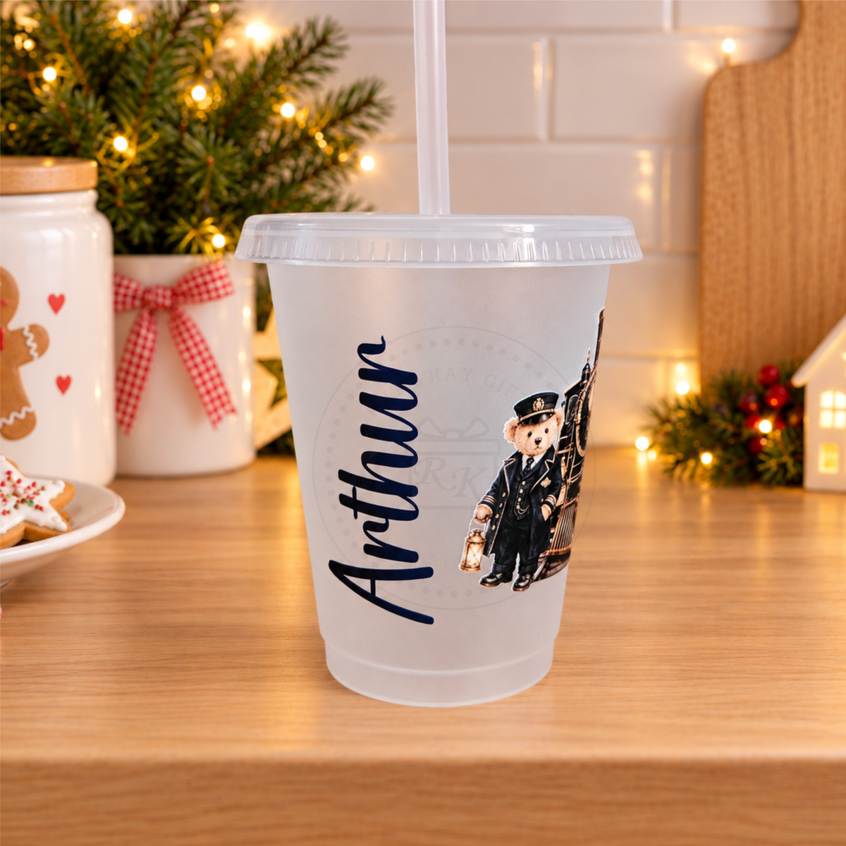 Personalised Christmas Train Conductor Teddy Cup and Straw