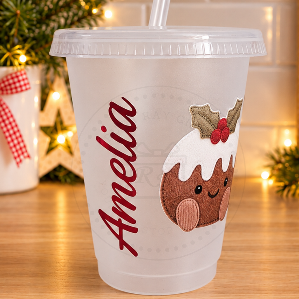Personalised Appliqué-Style Christmas Pudding Cup and Straw