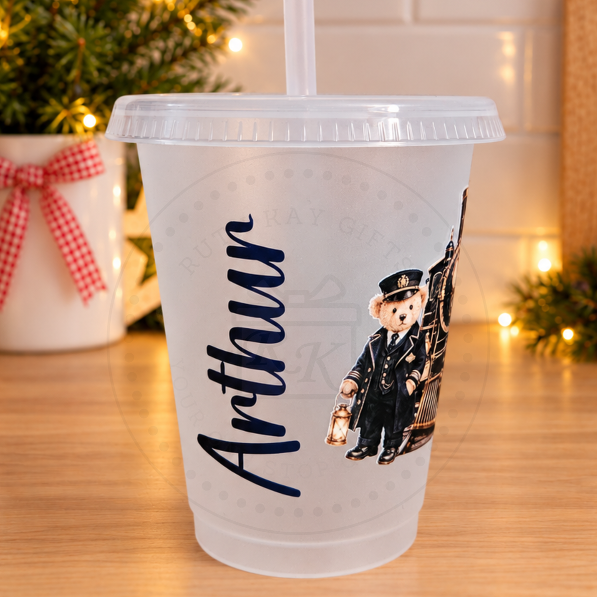Personalised Christmas Train Conductor Teddy Cup and Straw