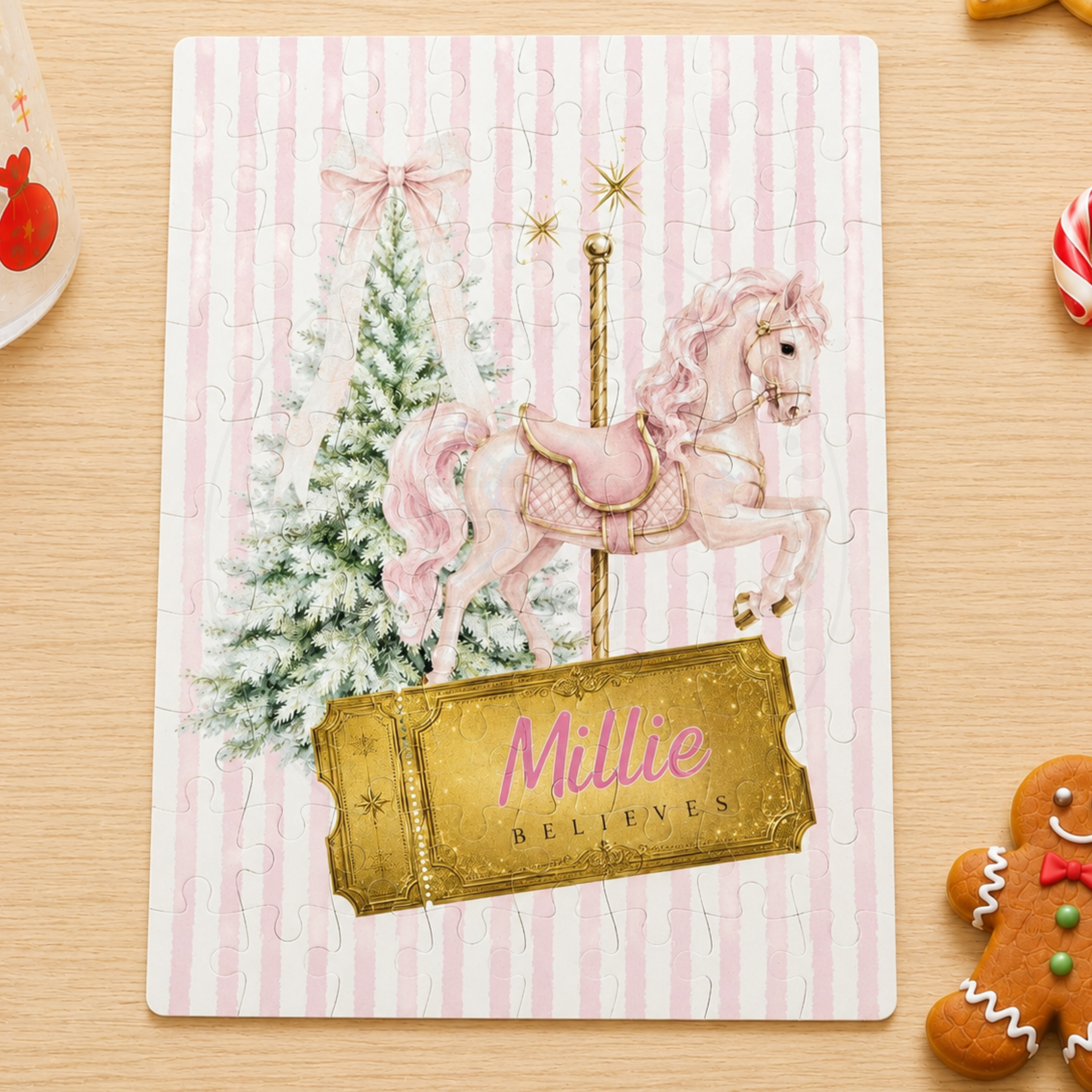 Personalised Pink Pony Carousel Christmas Horse Jigsaw Puzzle | 80 Pieces