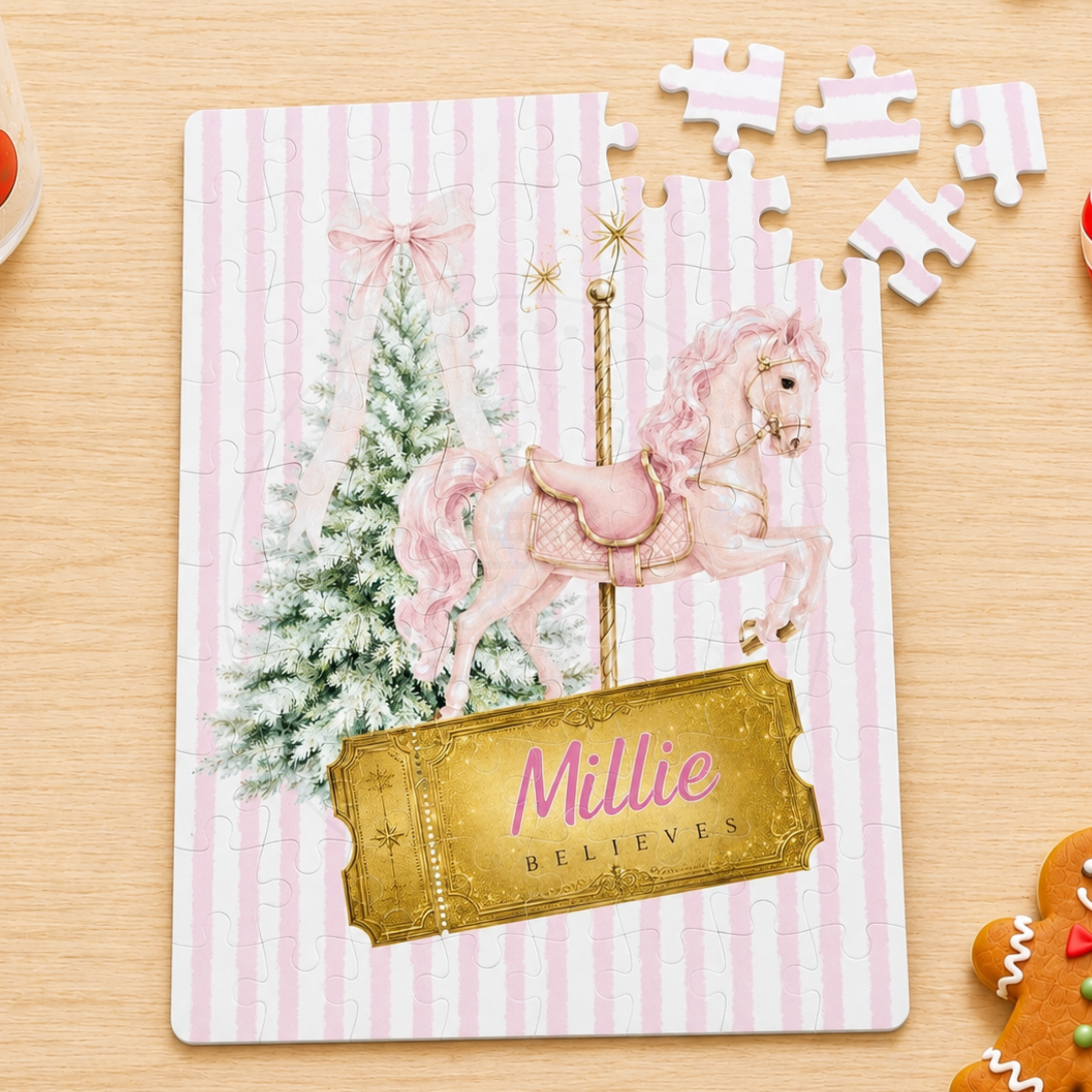 Personalised Pink Pony Carousel Christmas Horse Jigsaw Puzzle | 80 Pieces