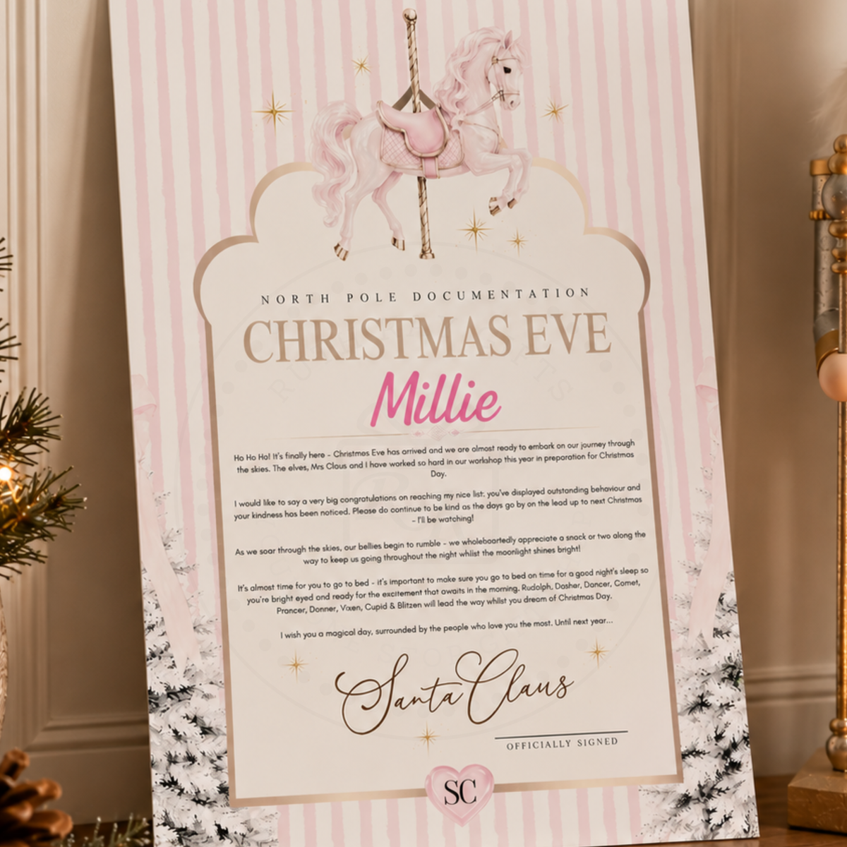 Personalised Christmas Eve Letter from Santa | Pink Pony Carousel Horse Design