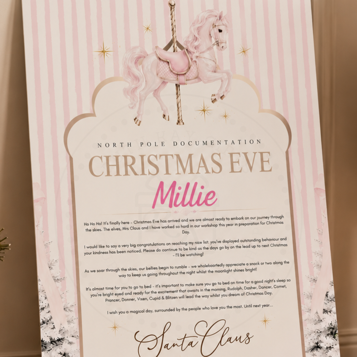 Personalised Christmas Eve Letter from Santa | Pink Pony Carousel Horse Design