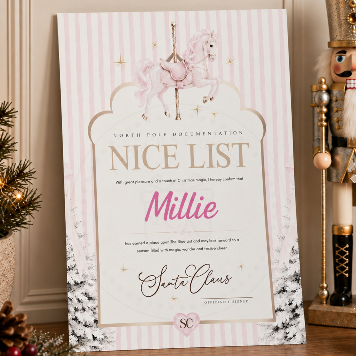 Personalised Nice List Letter from Santa | Pink Pony Carousel Horse Design