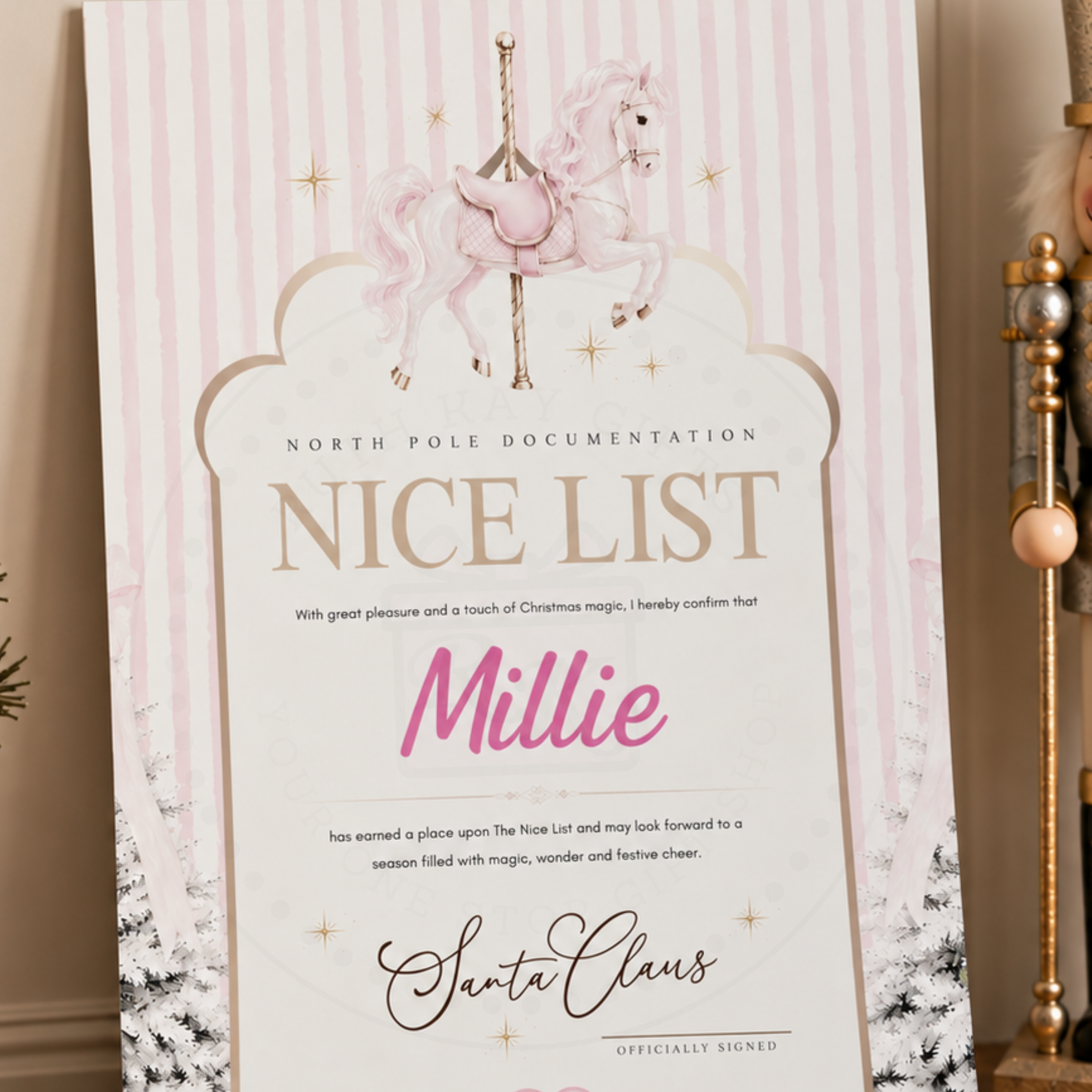 Personalised Nice List Letter from Santa | Pink Pony Carousel Horse Design