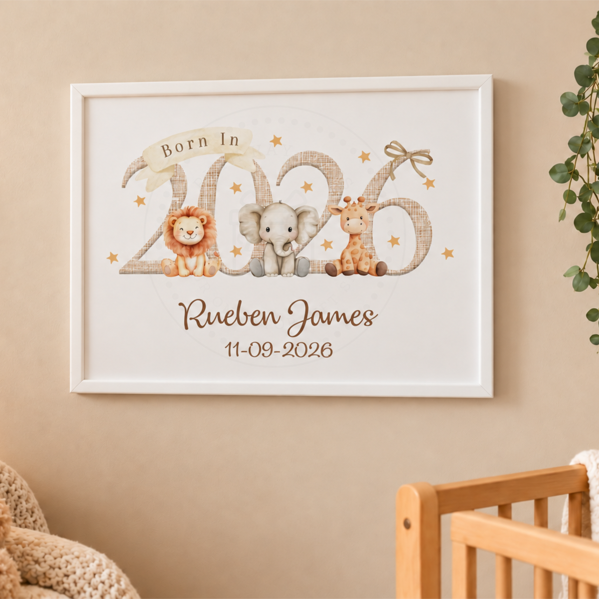 Personalised Born in 2026 Safari Animal A4 Framed Print