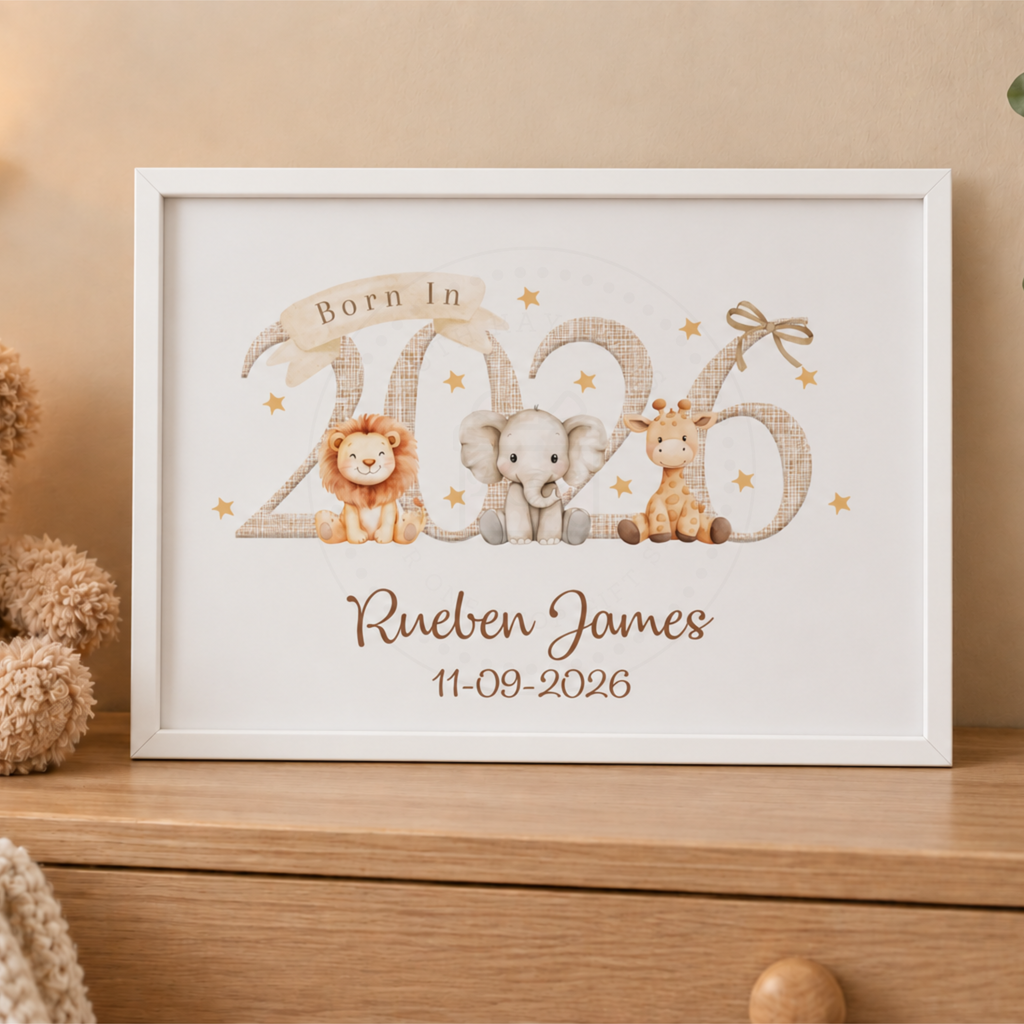 Personalised Born in 2026 Safari Animal A4 Framed Print