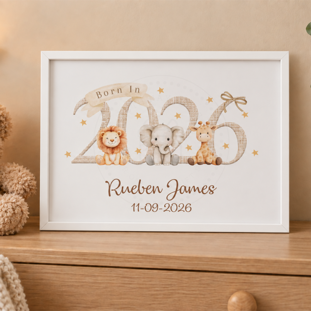 Personalised Born in 2026 Safari Animal A4 Framed Print