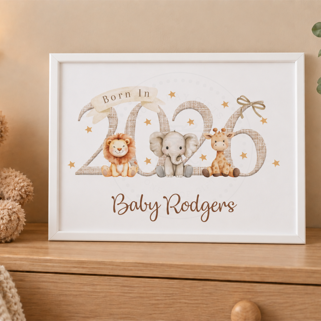 Personalised Born in 2026 Safari Animal A4 Framed Print