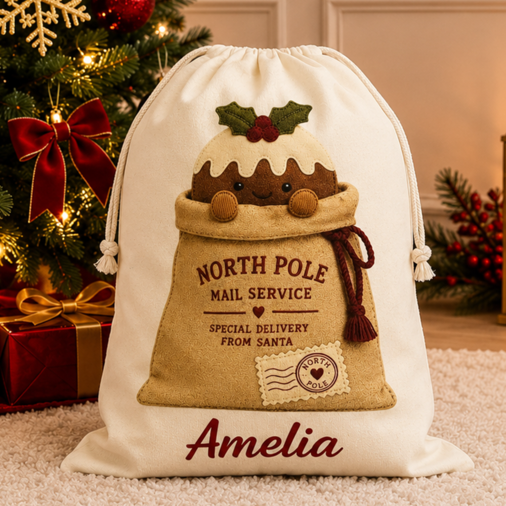Personalised Christmas Sack – North Pole Mail Sack with Christmas Pudding Design