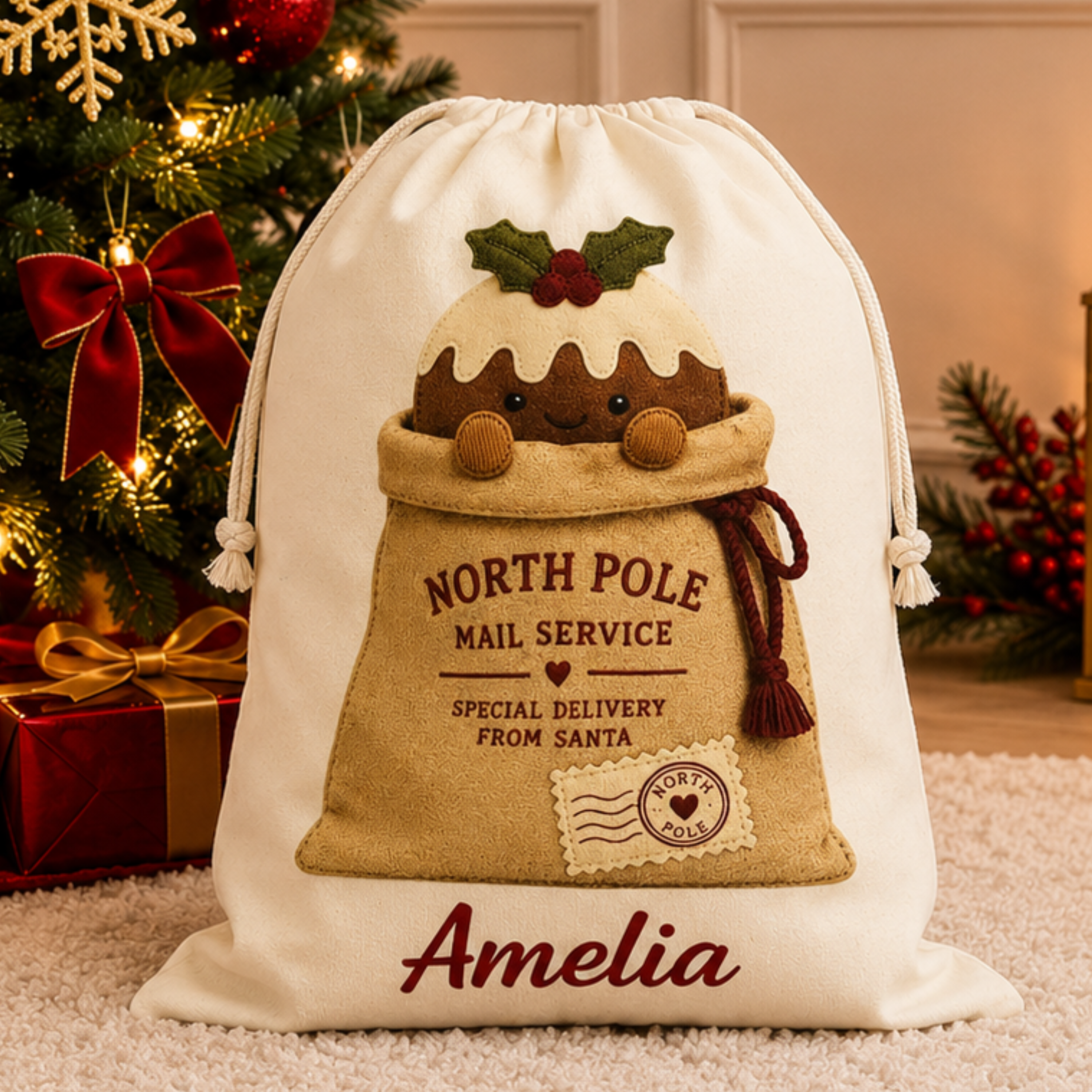 Personalised Christmas Sack – North Pole Mail Sack with Christmas Pudding Design