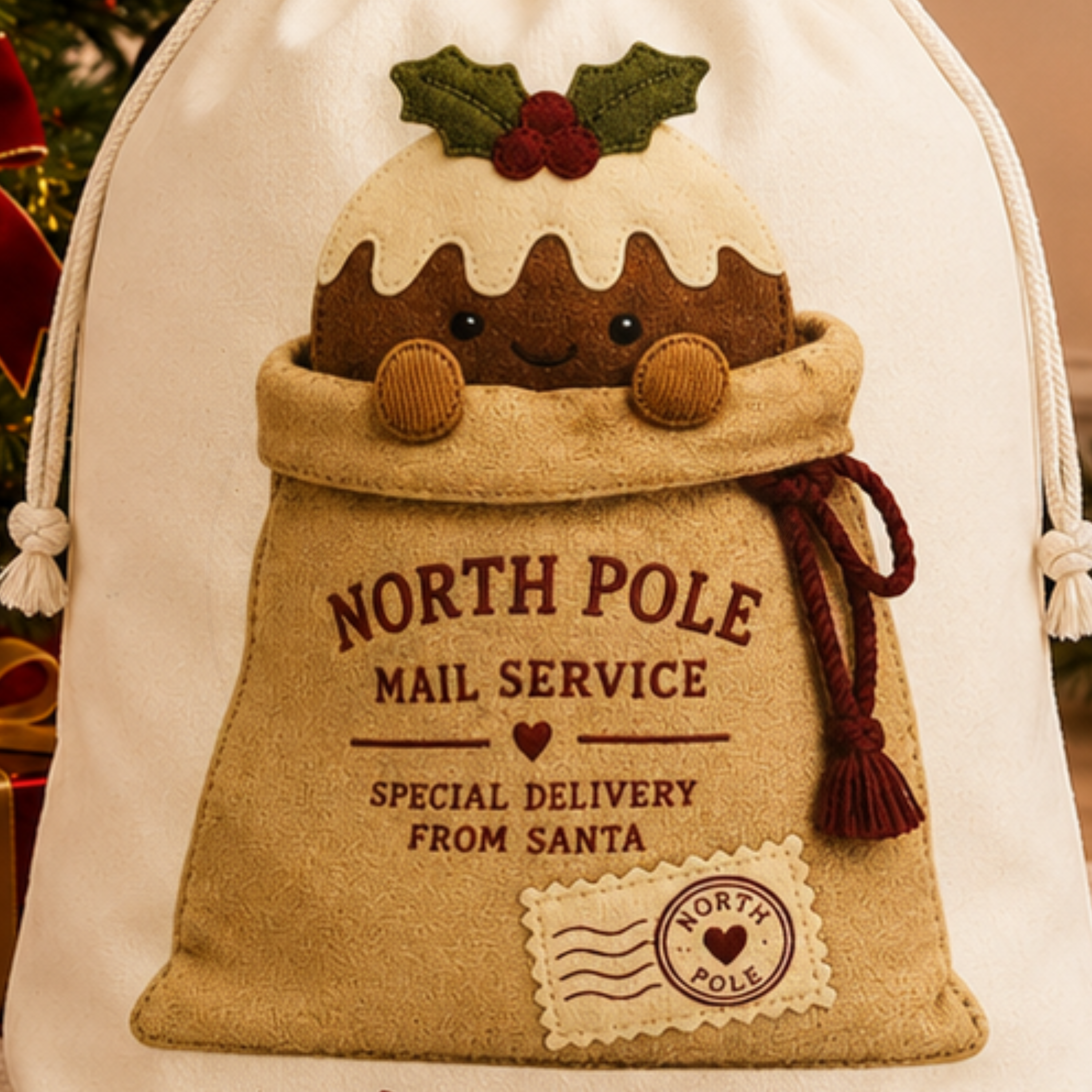 Personalised Christmas Sack – North Pole Mail Sack with Christmas Pudding Design
