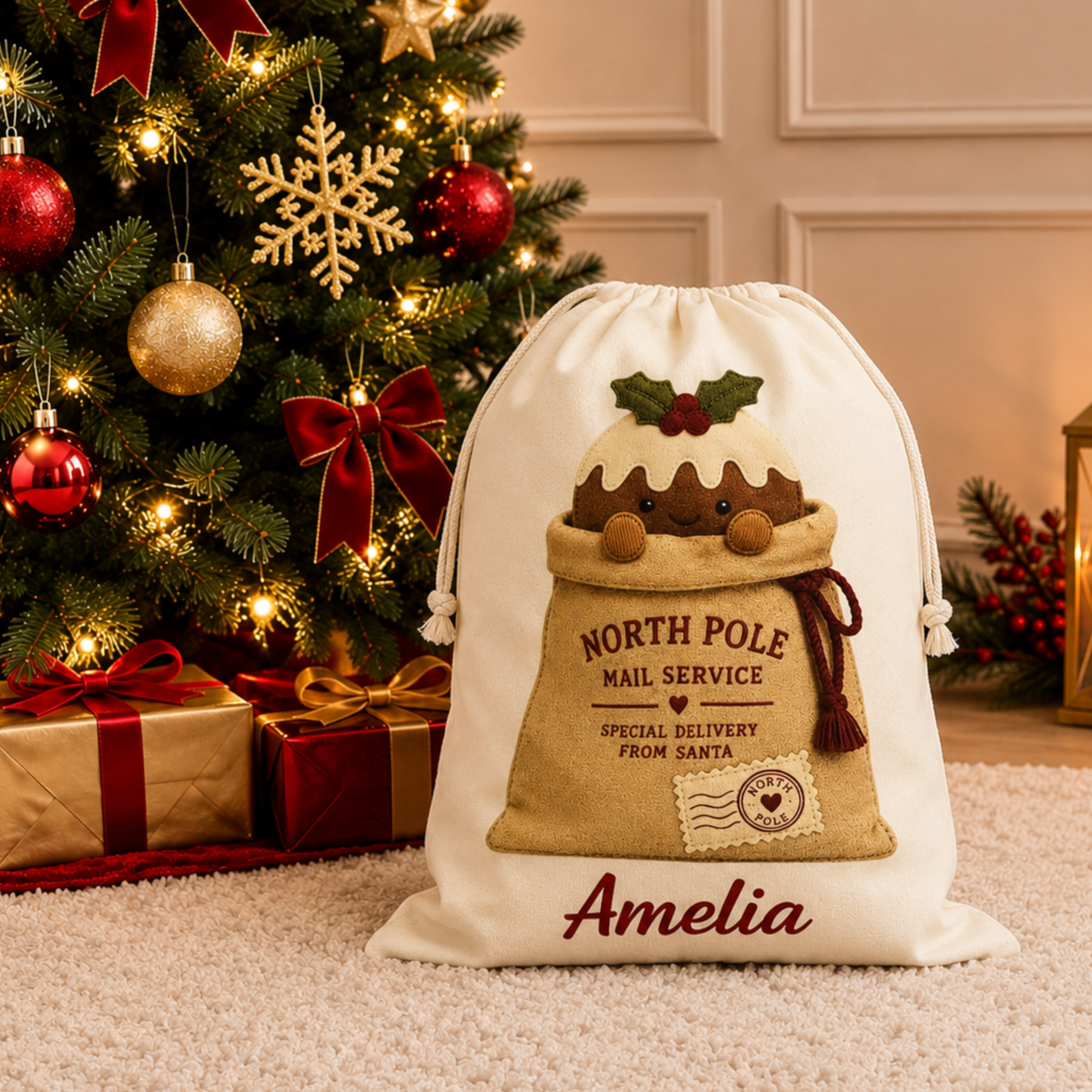 Personalised Christmas Sack – North Pole Mail Sack with Christmas Pudding Design