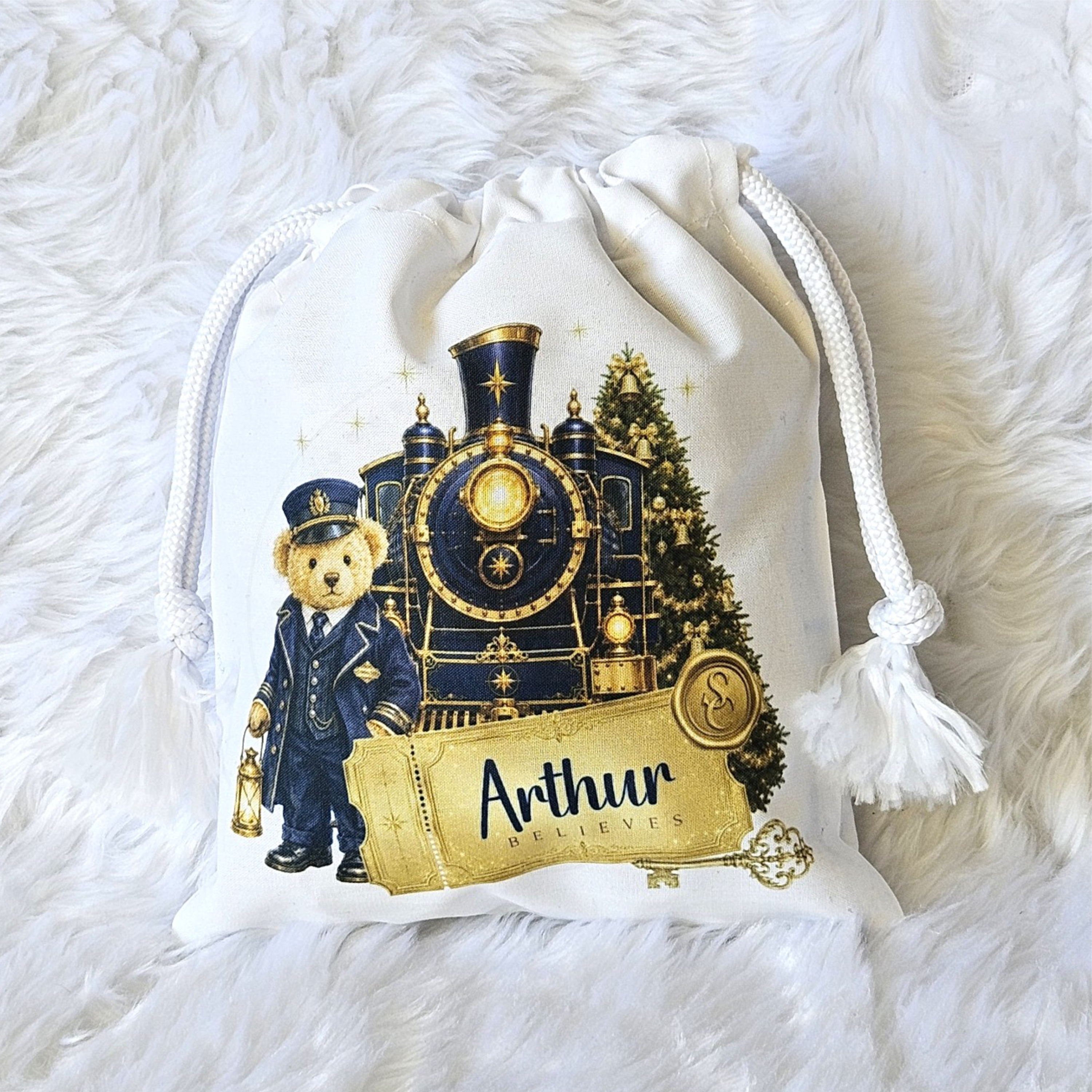 Personalised Christmas Treat Bag | Festive Train Conductor Teddy  | Christmas Eve Bag