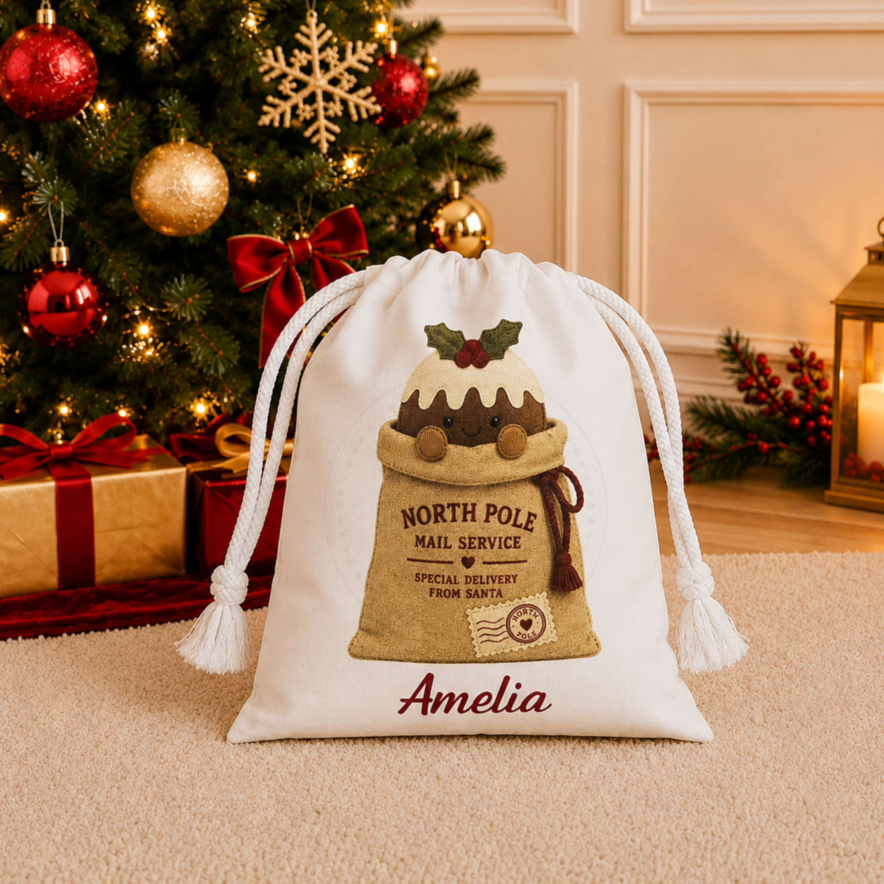 Personalised Christmas Pudding Treat Bag | North Pole Mail | Christmas Eve Bag
