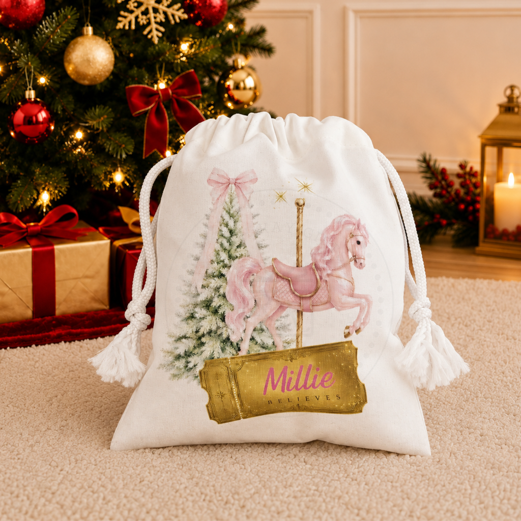 Personalised Pink Pony Christmas Carousel Horse Treat Bag | Christmas Eve Bag