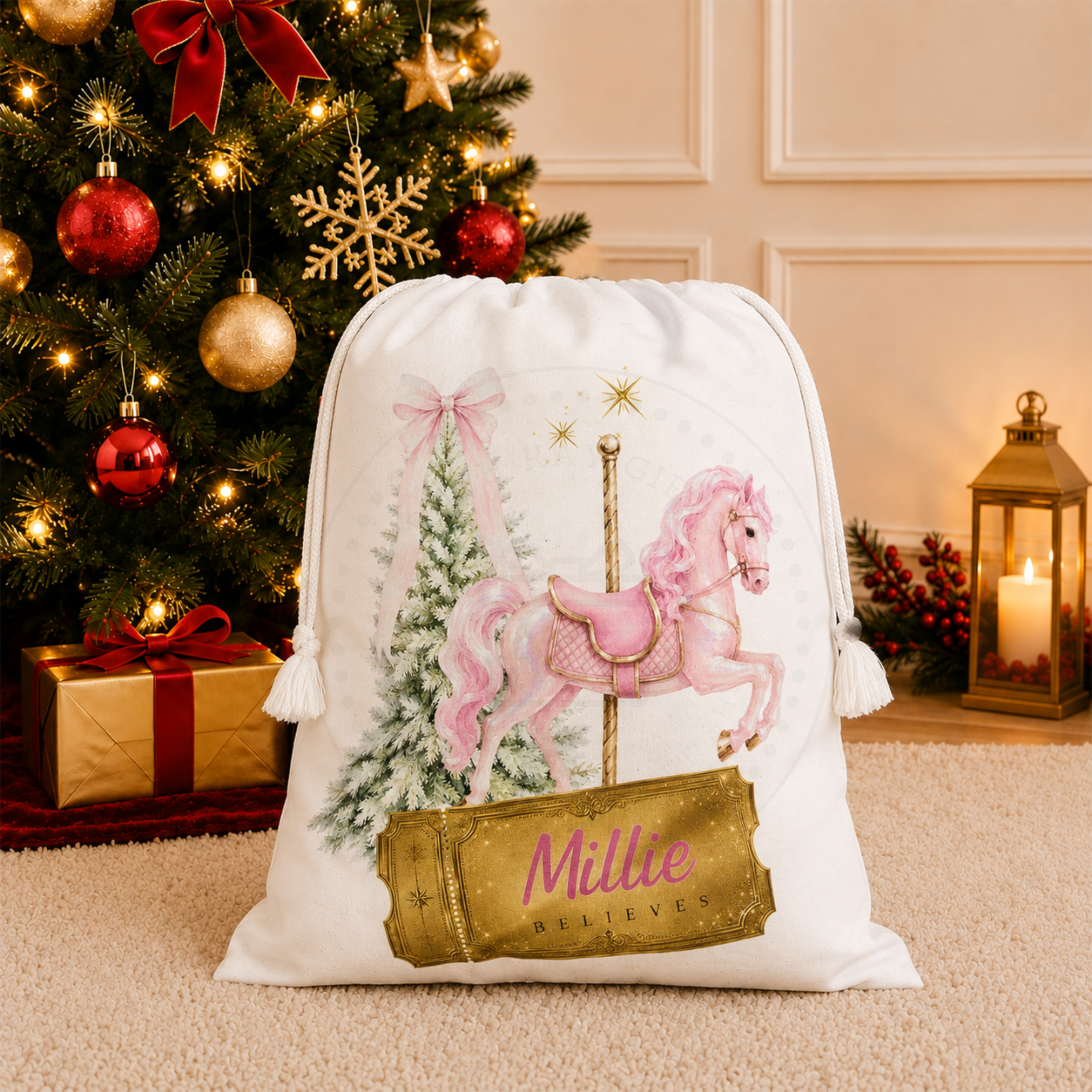 Personalised Pink Pony Christmas Carousel Horse Sack | Golden Believes Ticket