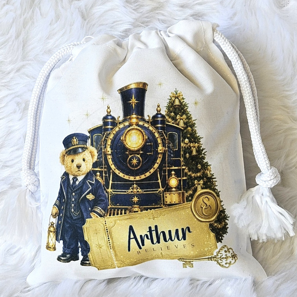 Personalised Christmas Treat Bag | Festive Train Conductor Teddy  | Christmas Eve Bag