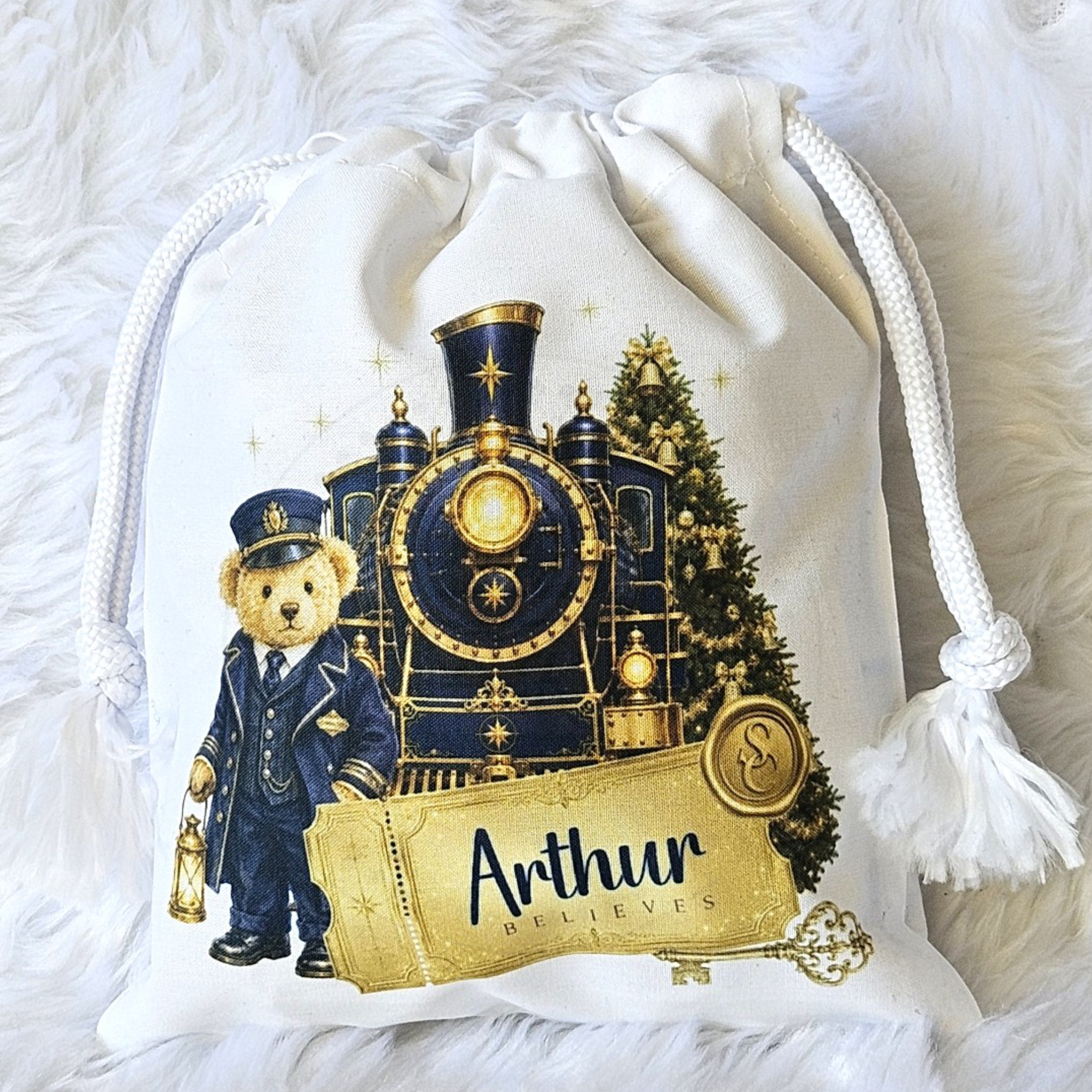 Personalised Christmas Treat Bag | Festive Train Conductor Teddy  | Christmas Eve Bag
