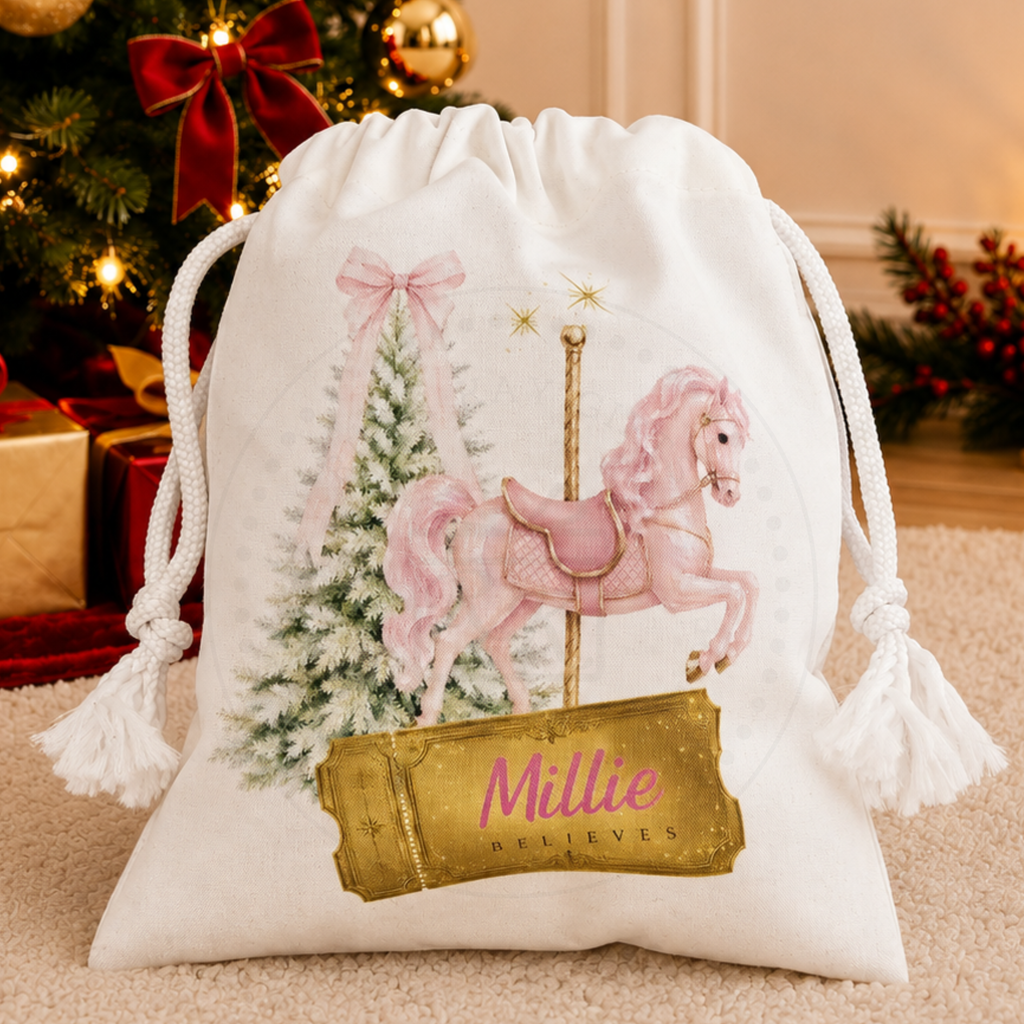 Personalised Pink Pony Christmas Carousel Horse Treat Bag | Christmas Eve Bag