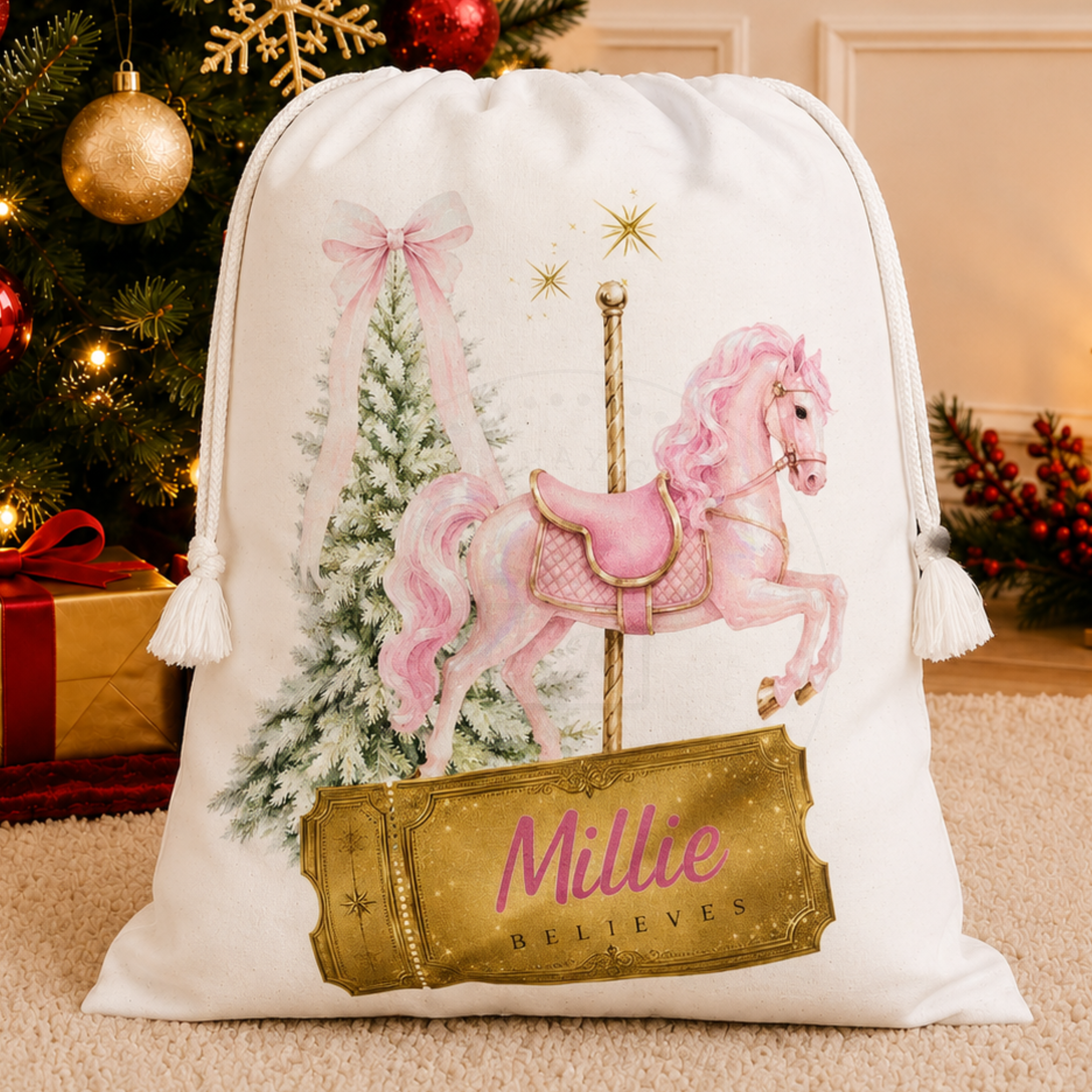 Personalised Pink Pony Christmas Carousel Horse Sack | Golden Believes Ticket