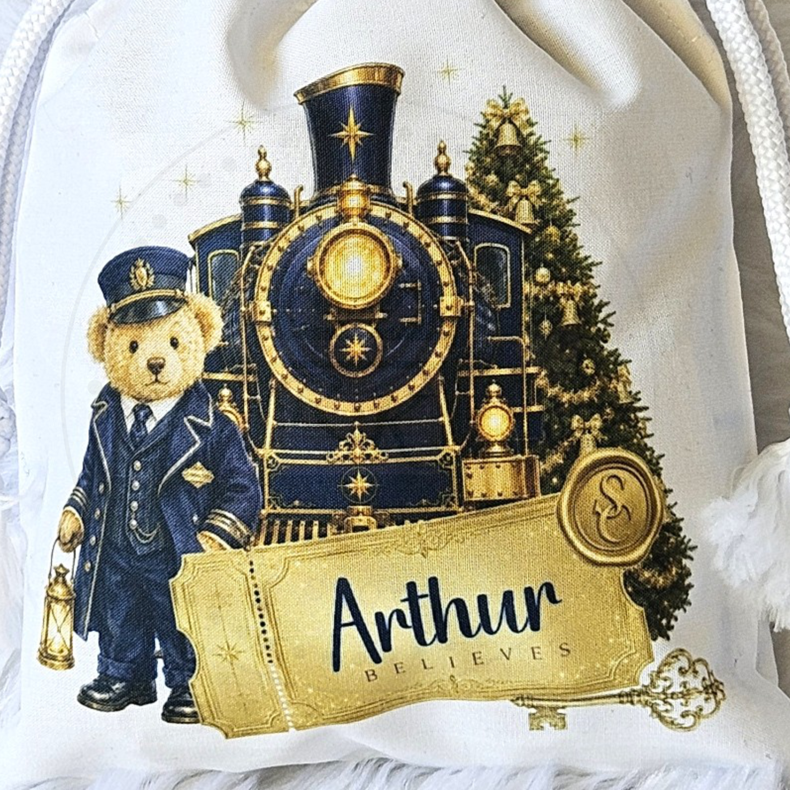 Personalised Christmas Treat Bag | Festive Train Conductor Teddy  | Christmas Eve Bag