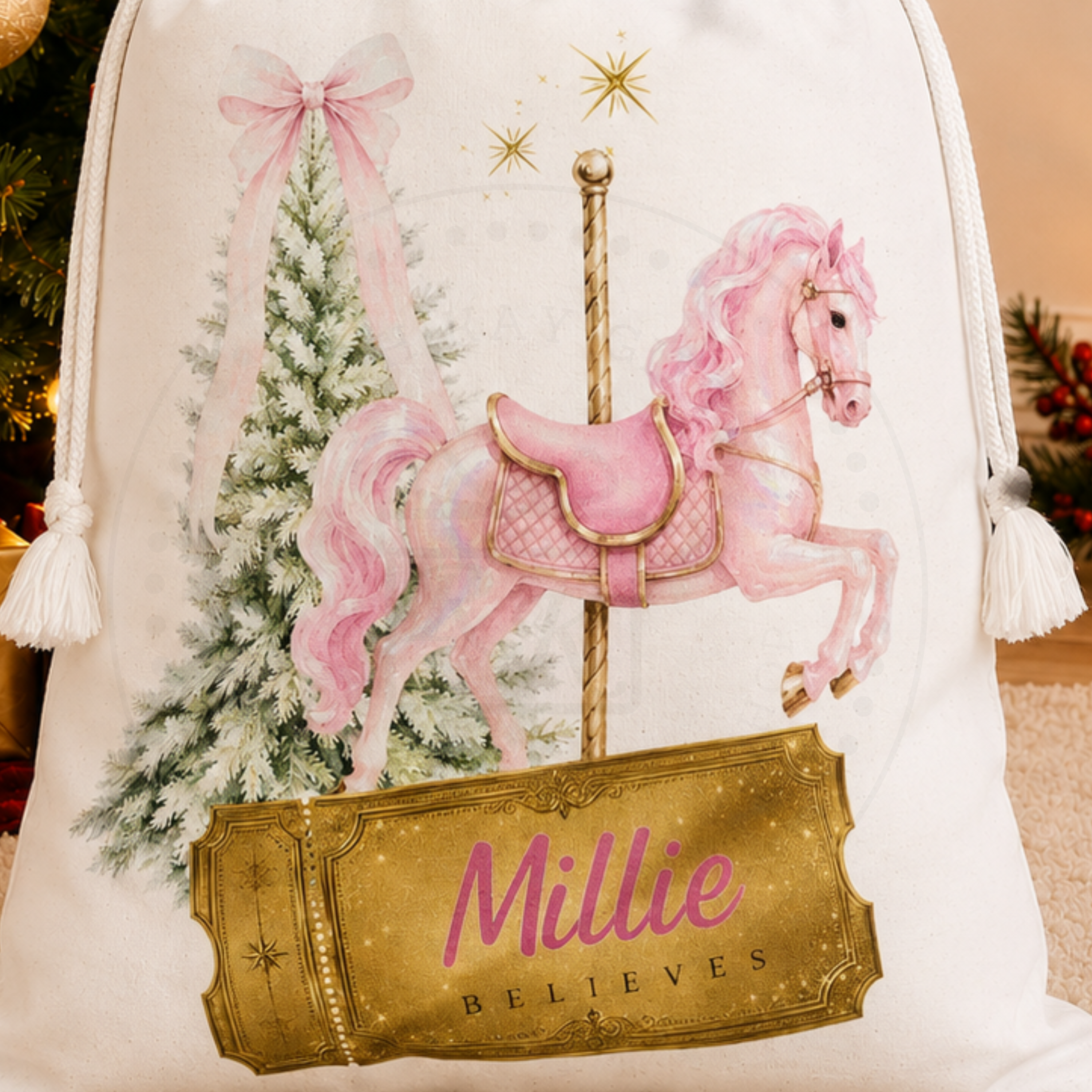 Personalised Pink Pony Christmas Carousel Horse Sack | Golden Believes Ticket